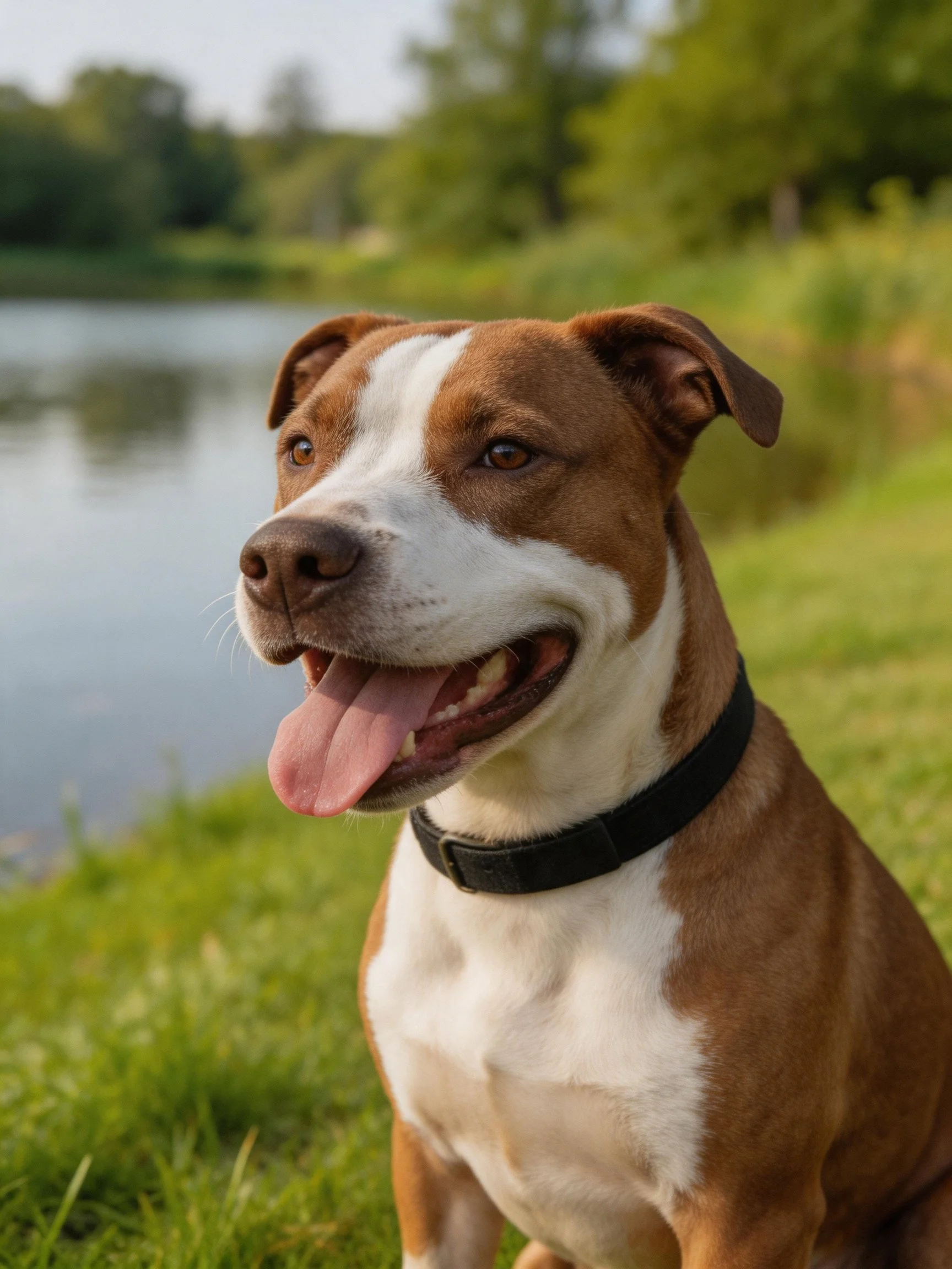 A brown and white dog relaxes happily next to a calm water body among greenery.