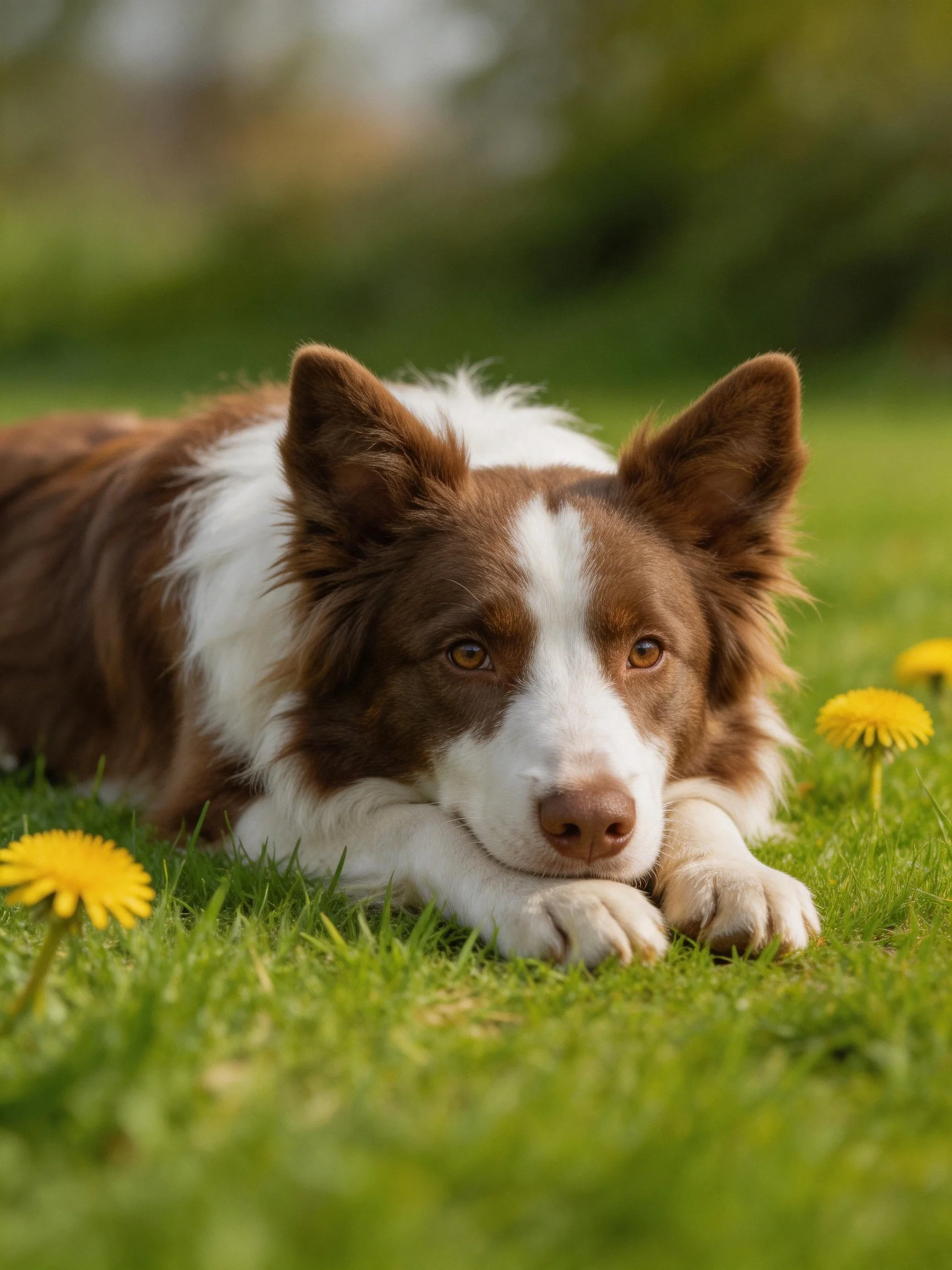 A brown and white dog relaxes among dandelions in a grassy area.