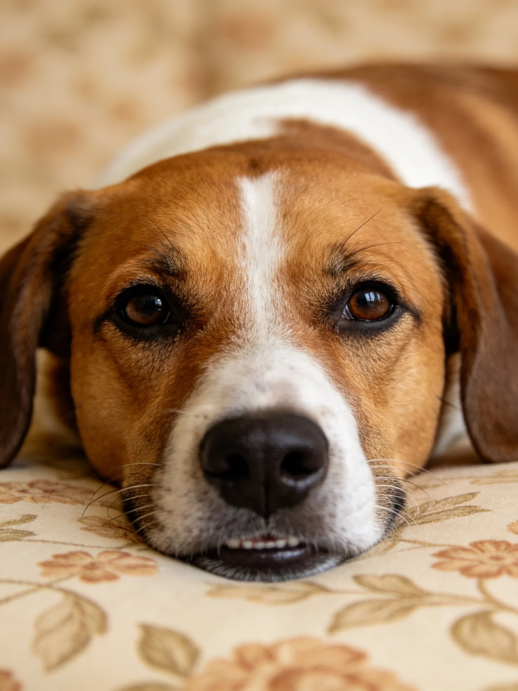 A brown and white dog rests calmly on a floral-patterned surface.