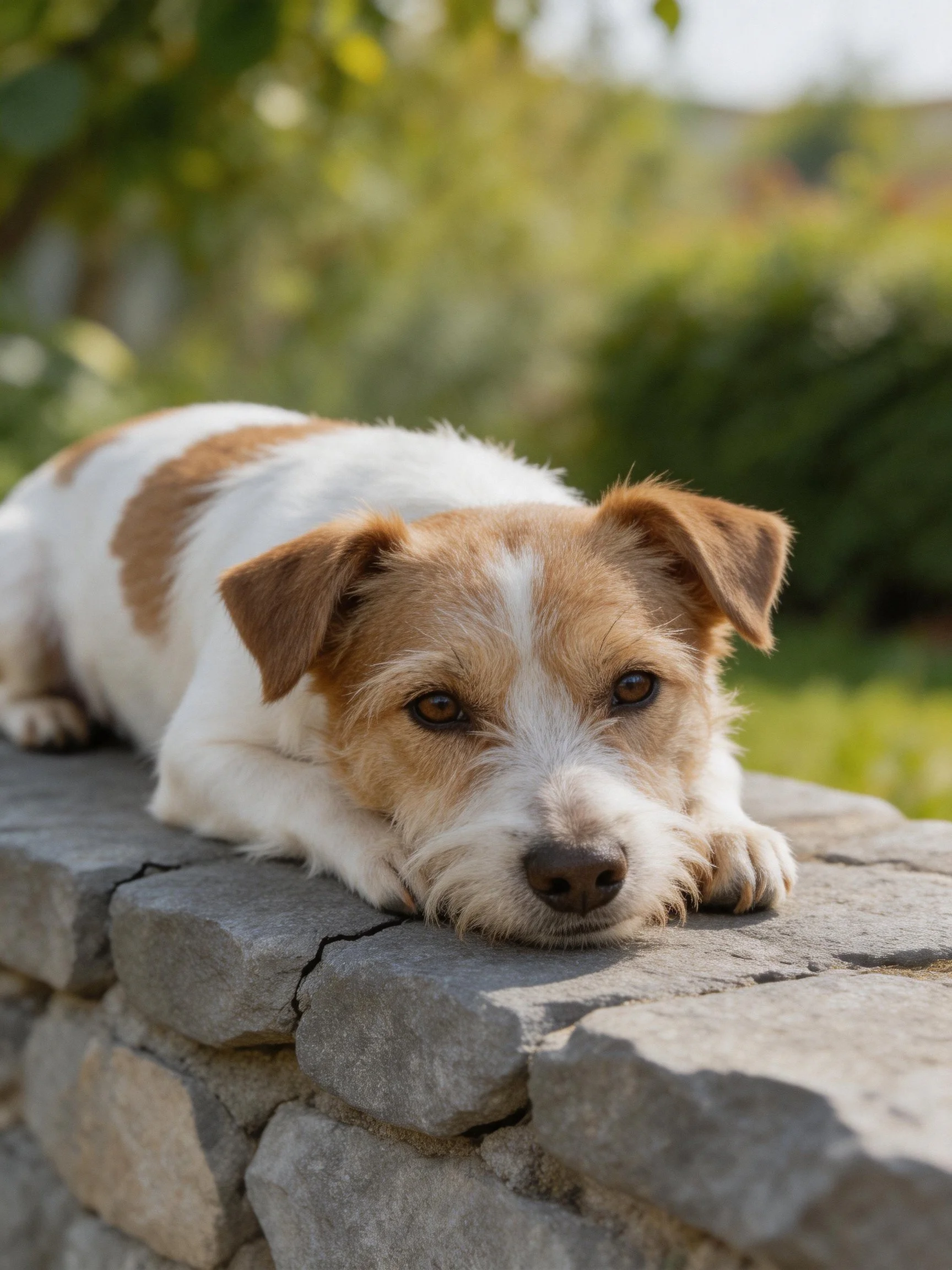 A brown and white dog rests on a stone wall in an outdoor environment.