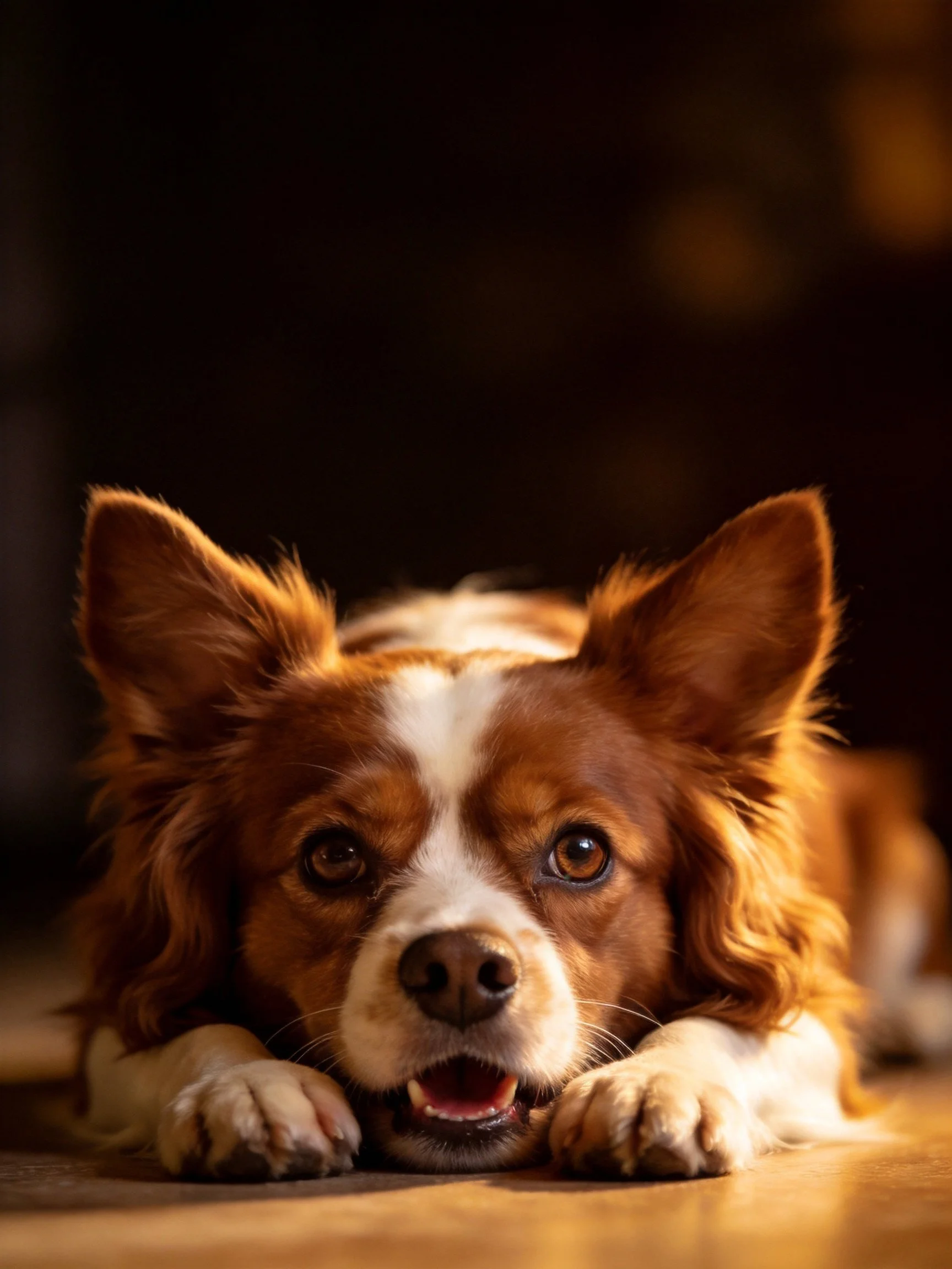 A brown and white dog lies on a wooden floor illuminated by warm light.