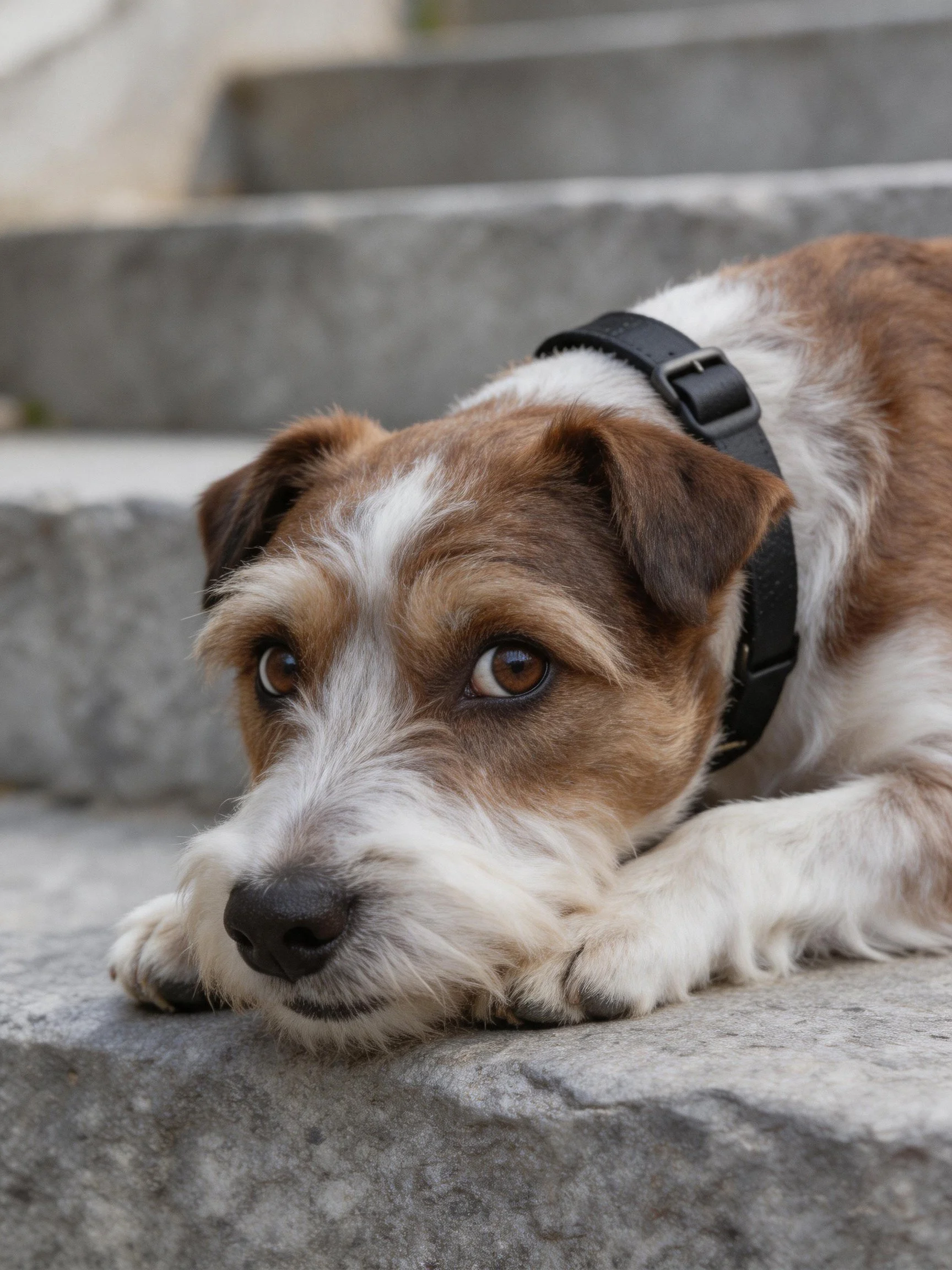 A brown and white dog lies on gray stone steps.