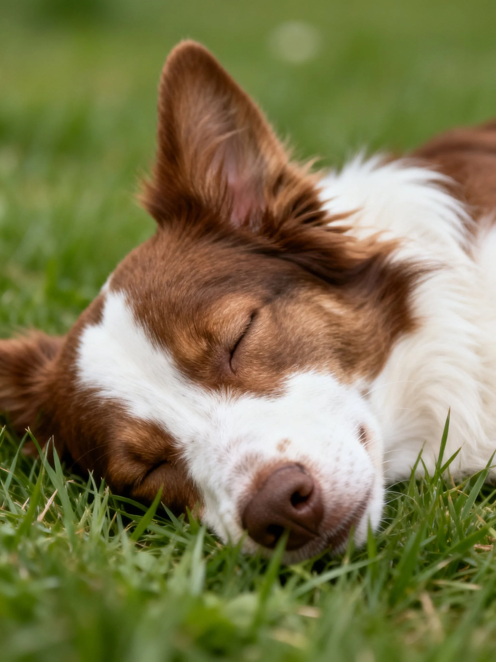 A brown and white dog rests quietly on green grass.