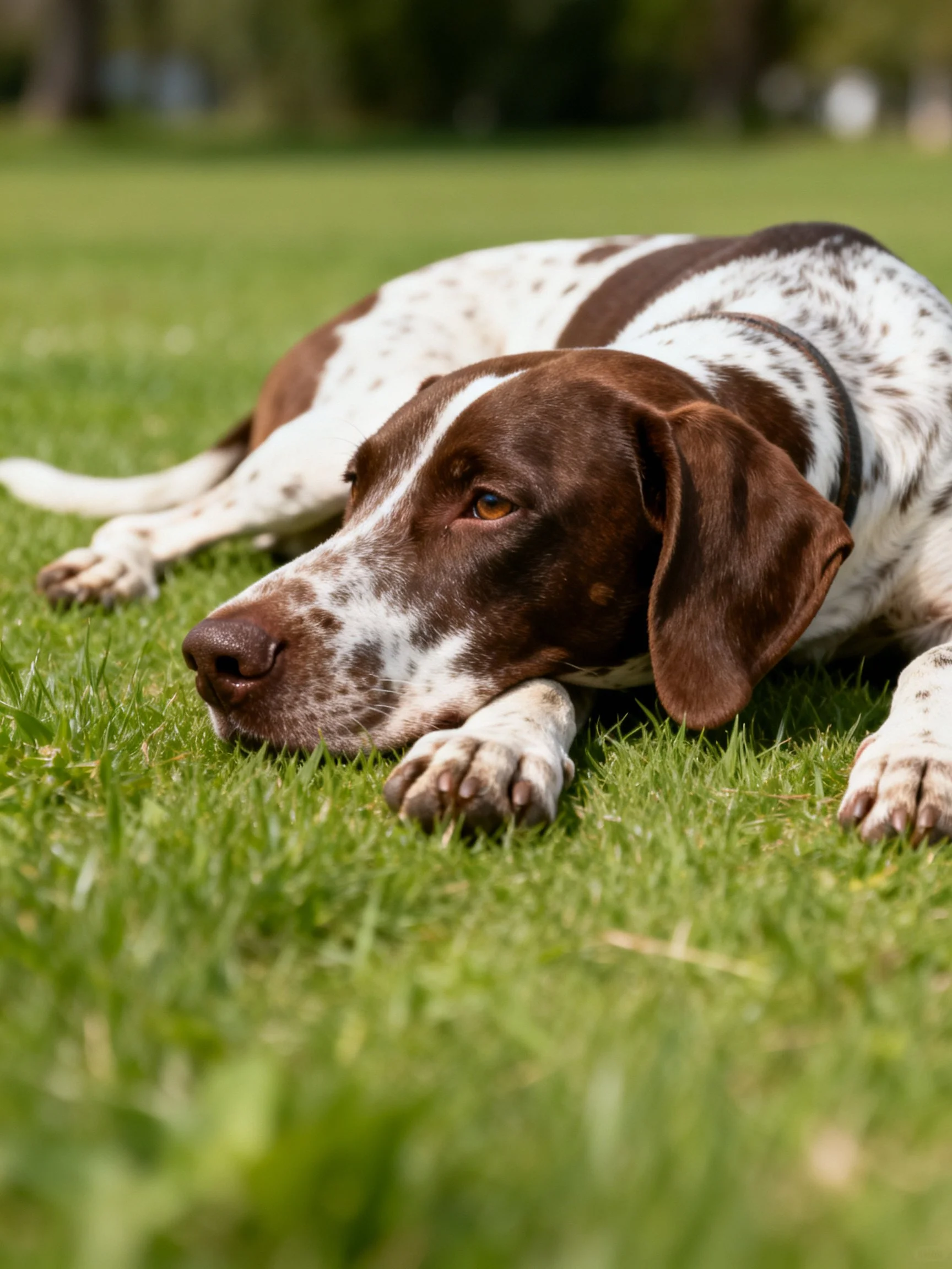 A brown and white dog lies calmly on vibrant green grass.
