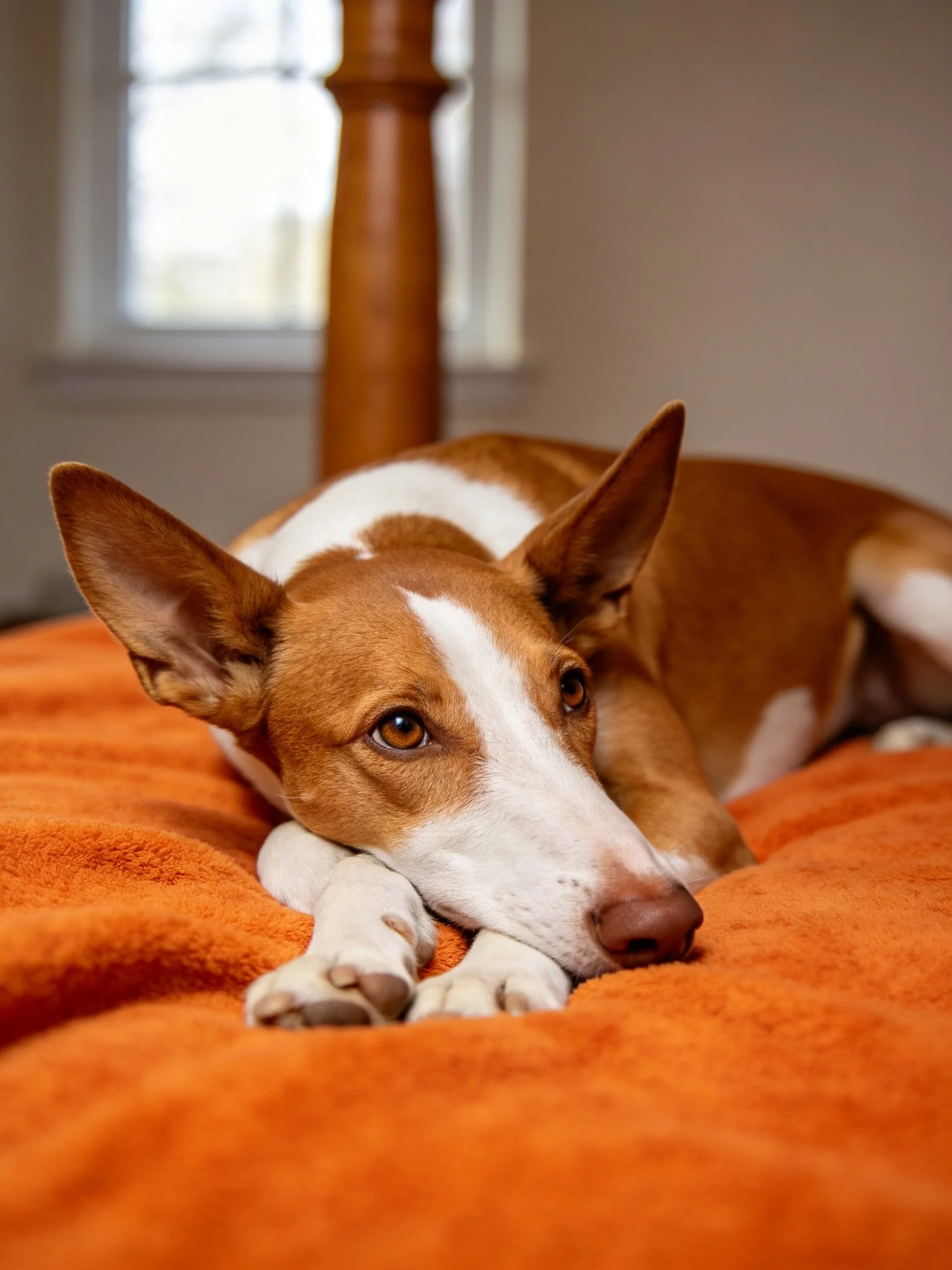Brown and white dog rests on orange blanket inside a cozy room.