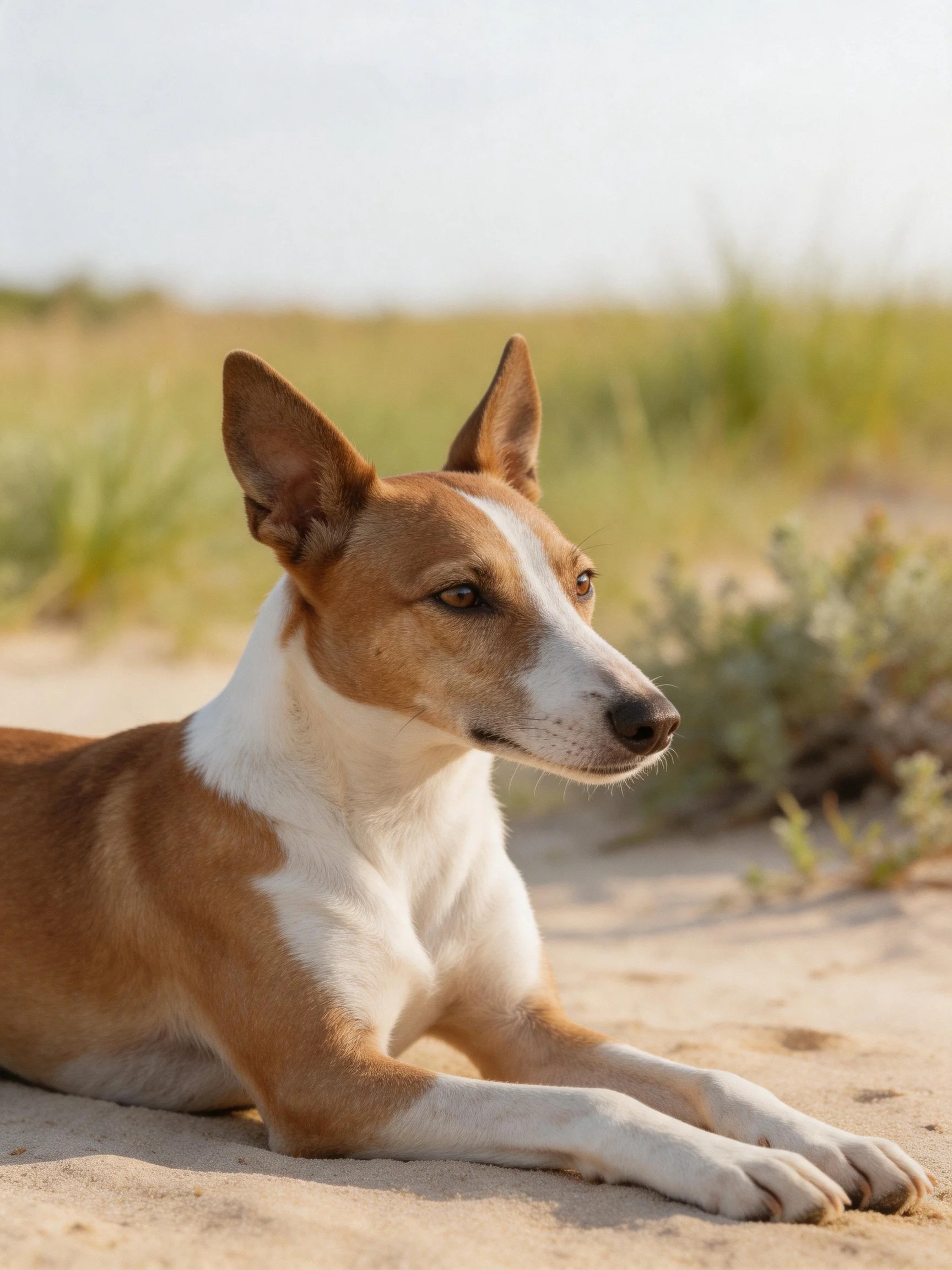 A brown and white dog relaxes on sand near natural plants