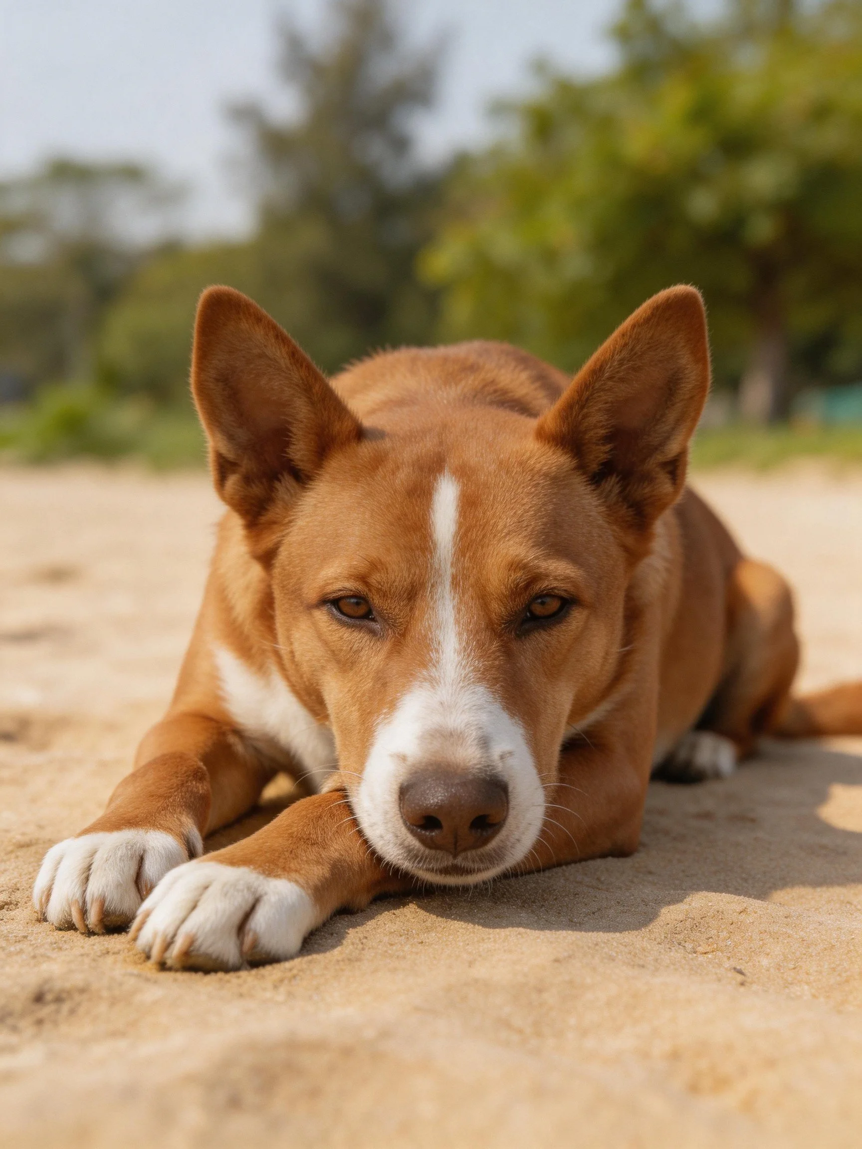 A brown and white dog relaxes on sandy ground with trees in the background