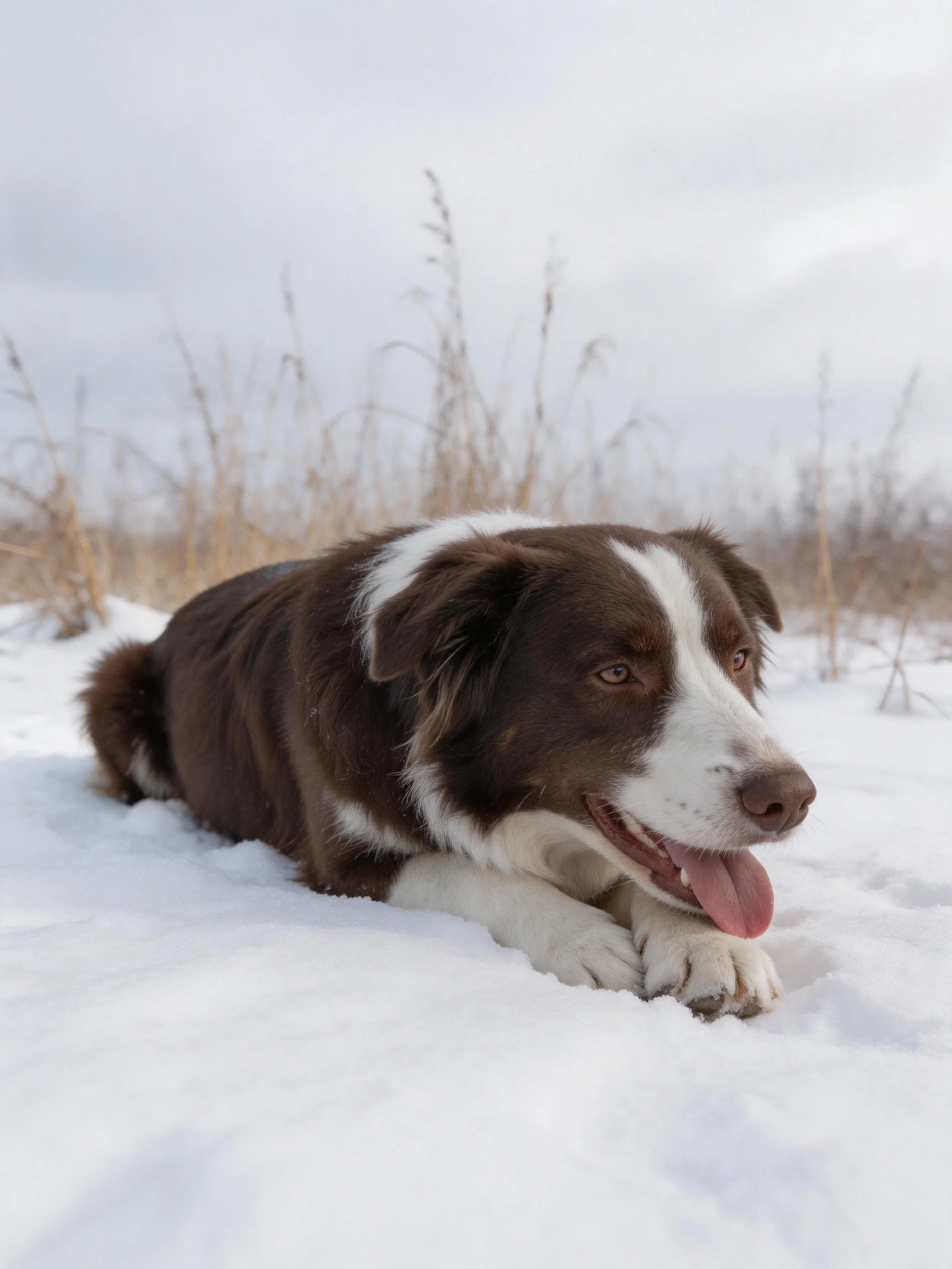 A brown and white dog rests on snow near dry vegetation.
