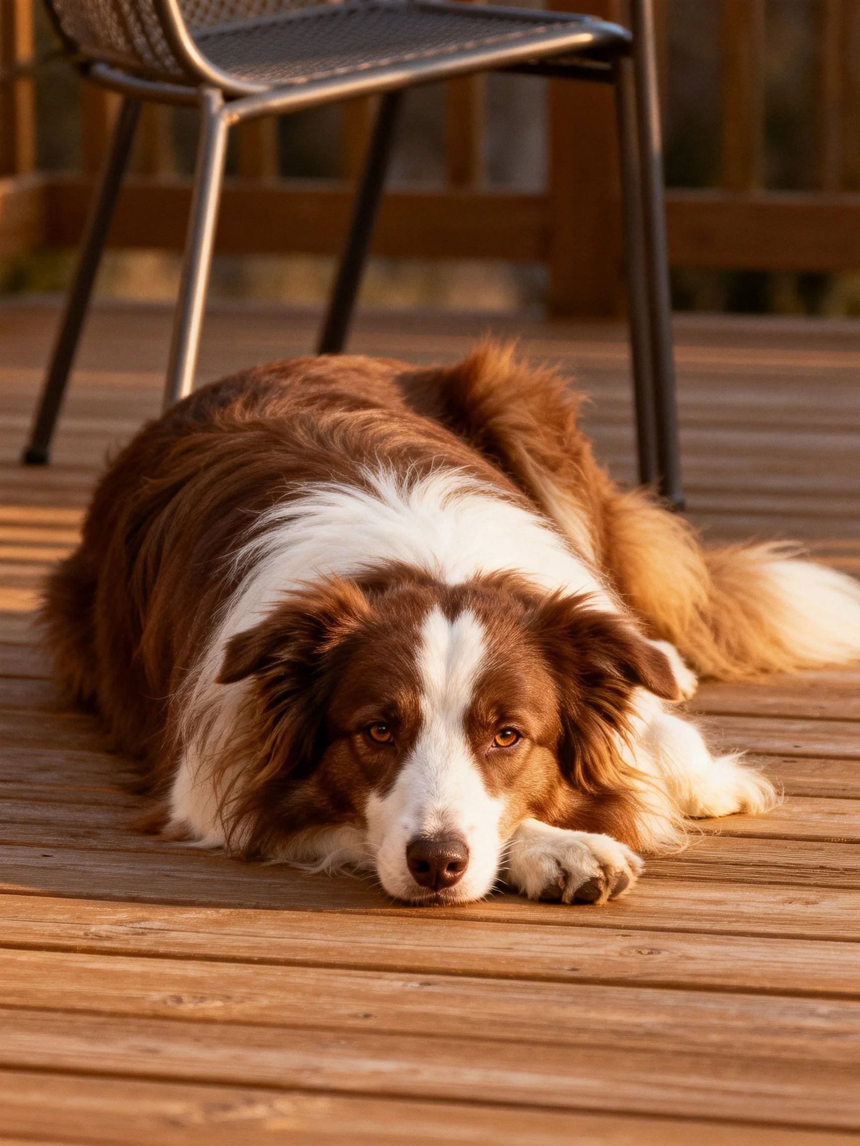 A brown and white dog rests on a wooden deck near a metal chair.