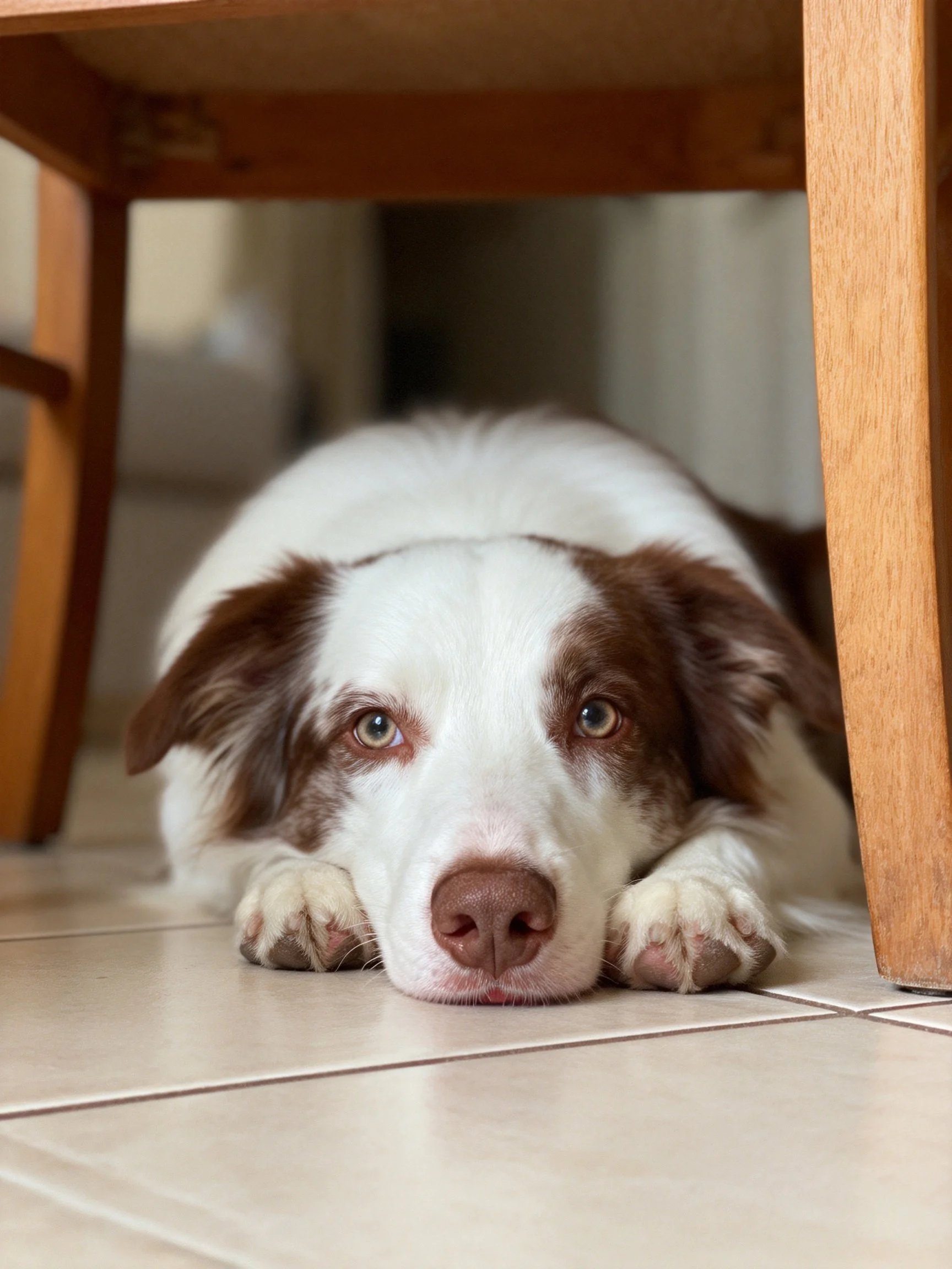 A brown and white dog rests quietly under a wooden chair.