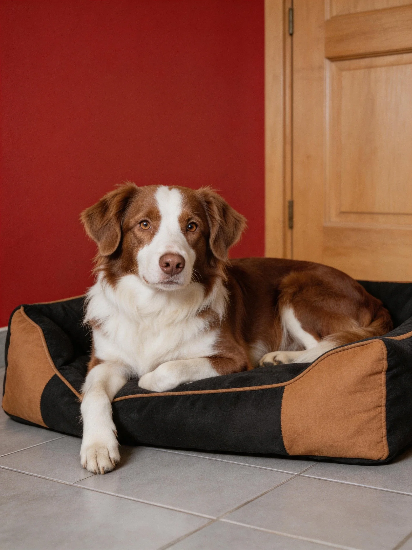 Brown and white dog relaxes in a blackand tan pet bed by a red wall