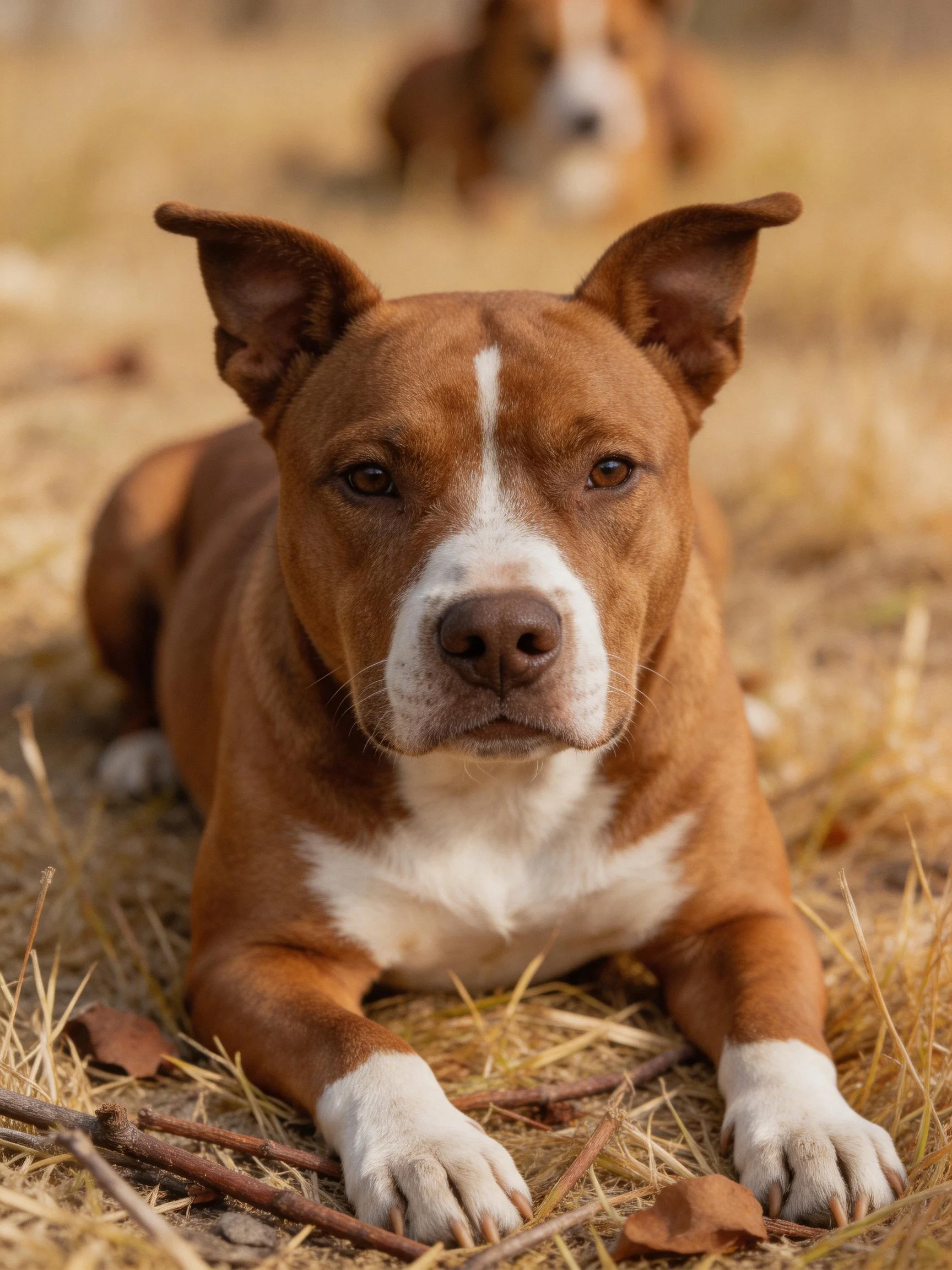 A brown and white dog lies on straw with a blurred companion behind it.
