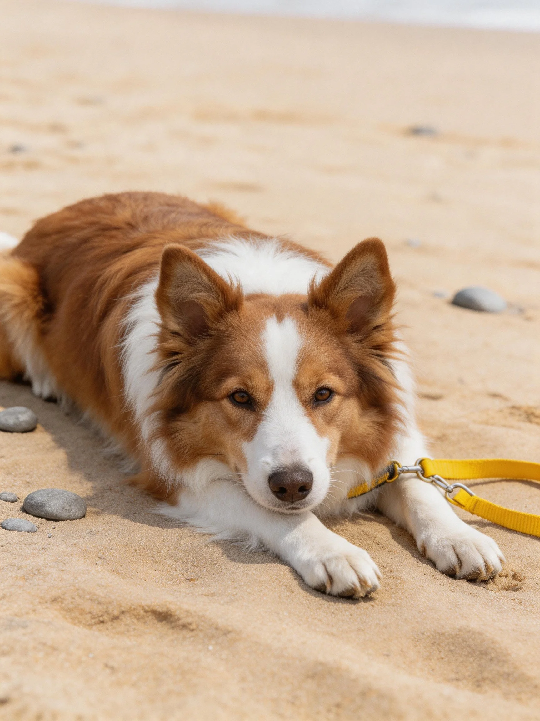 Brown and white dog rests on sandy beach with yellow leash