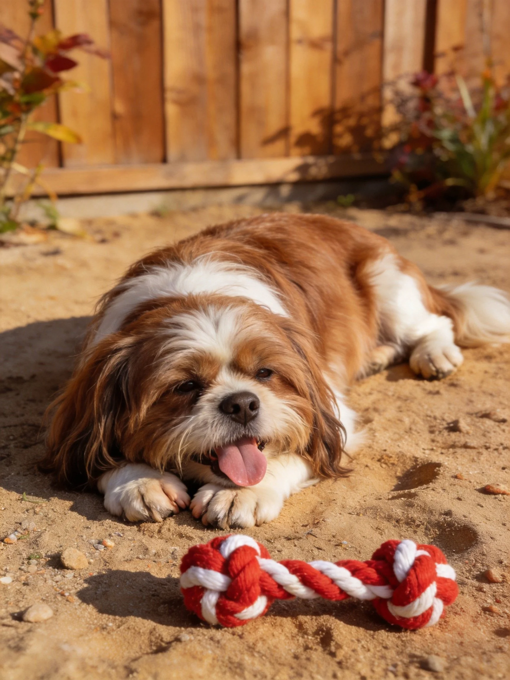 Brown and white dog rests on sandy ground with red and white rope toy