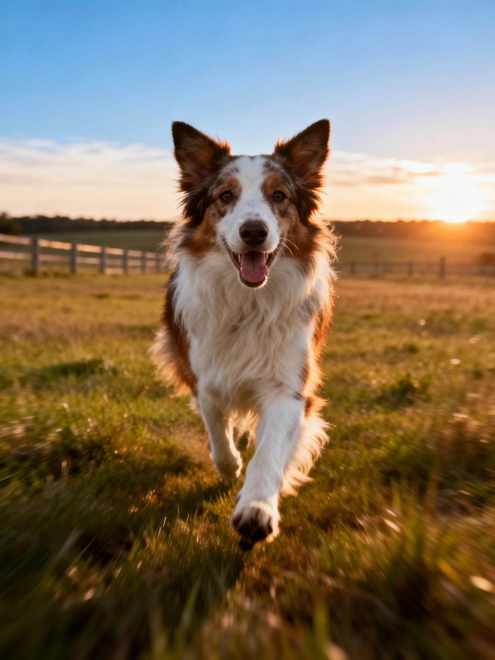 A brown and white dog runs toward the viewer in a sunlit open field.