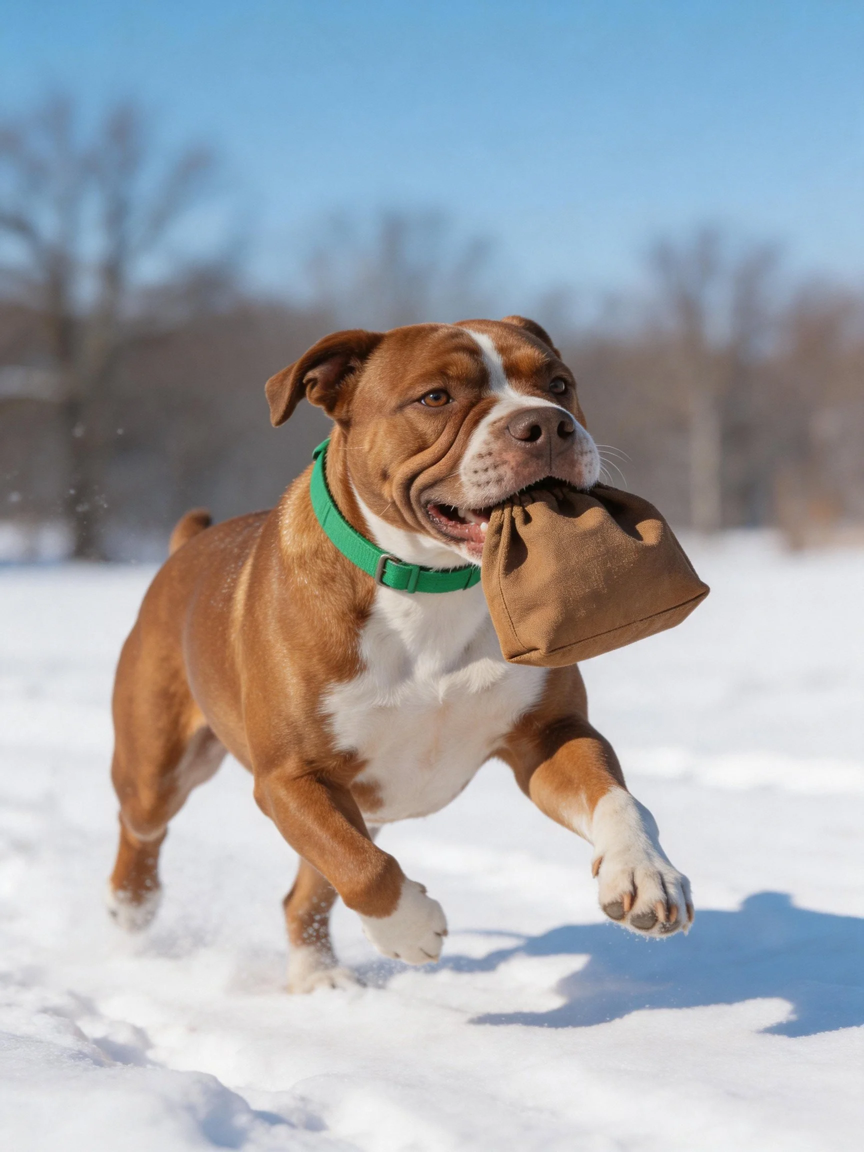 Brown and white dog carries fabric bag while running through snow