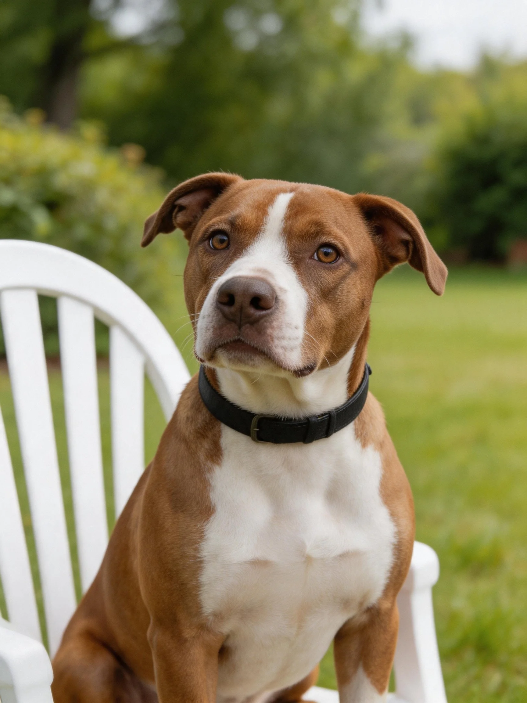 Brown and white dog seated on white chair in green garden