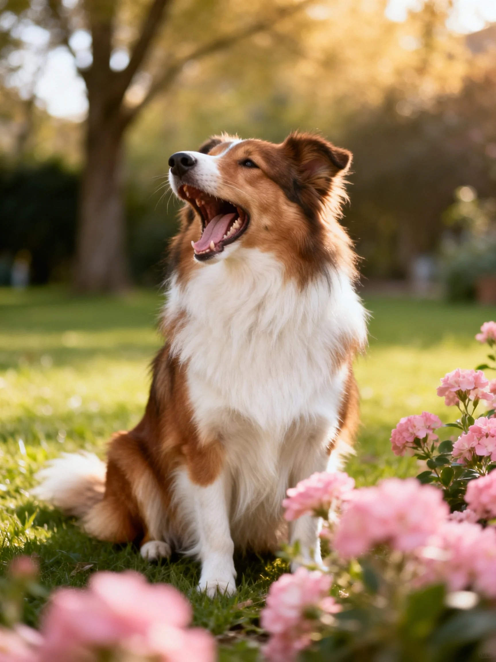 A brown and white dog sits among pink flowers in a sunlit outdoor setting.