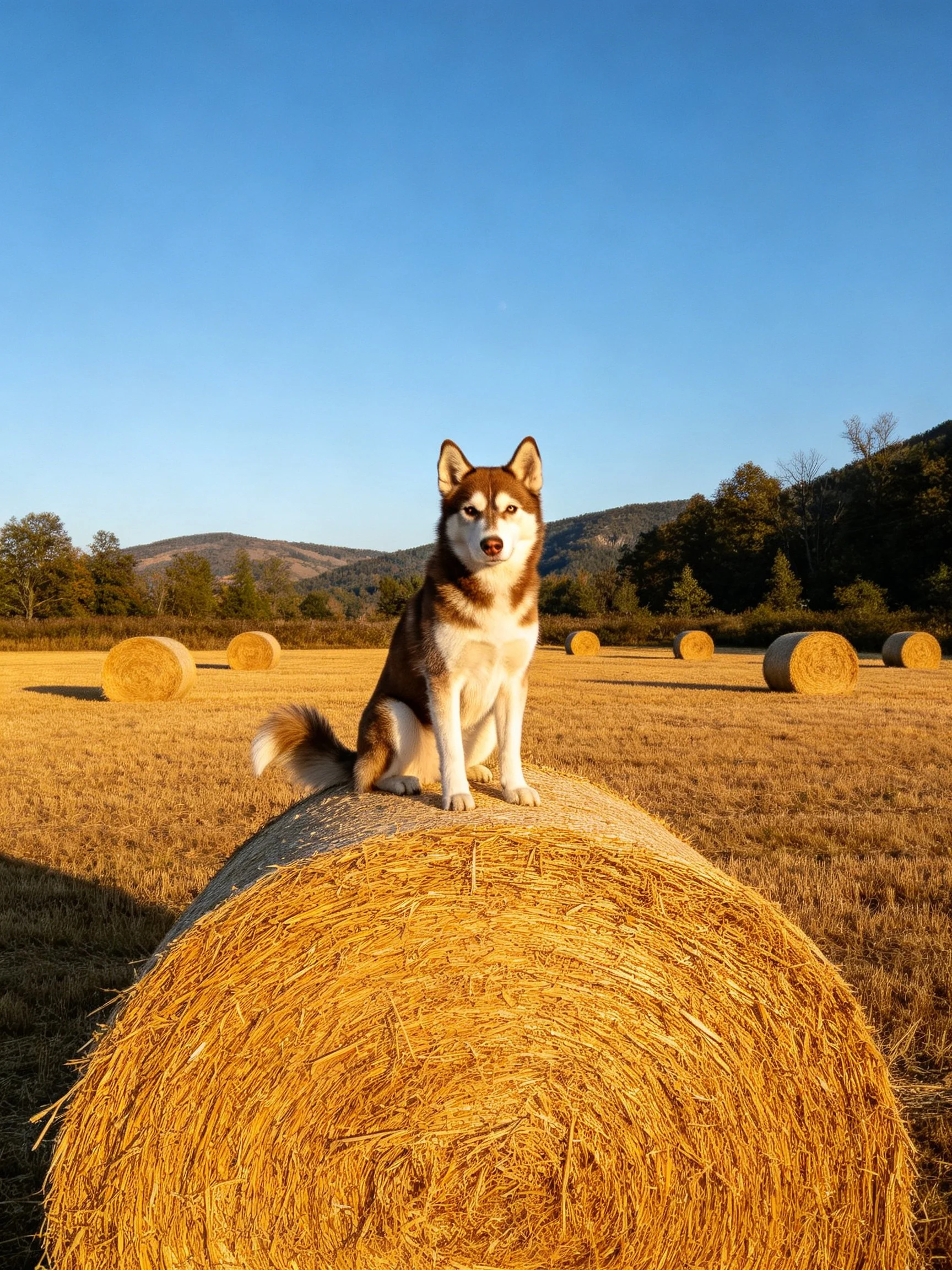A dog sits on a hay bale in a sunlit farm field with scattered hay rolls.