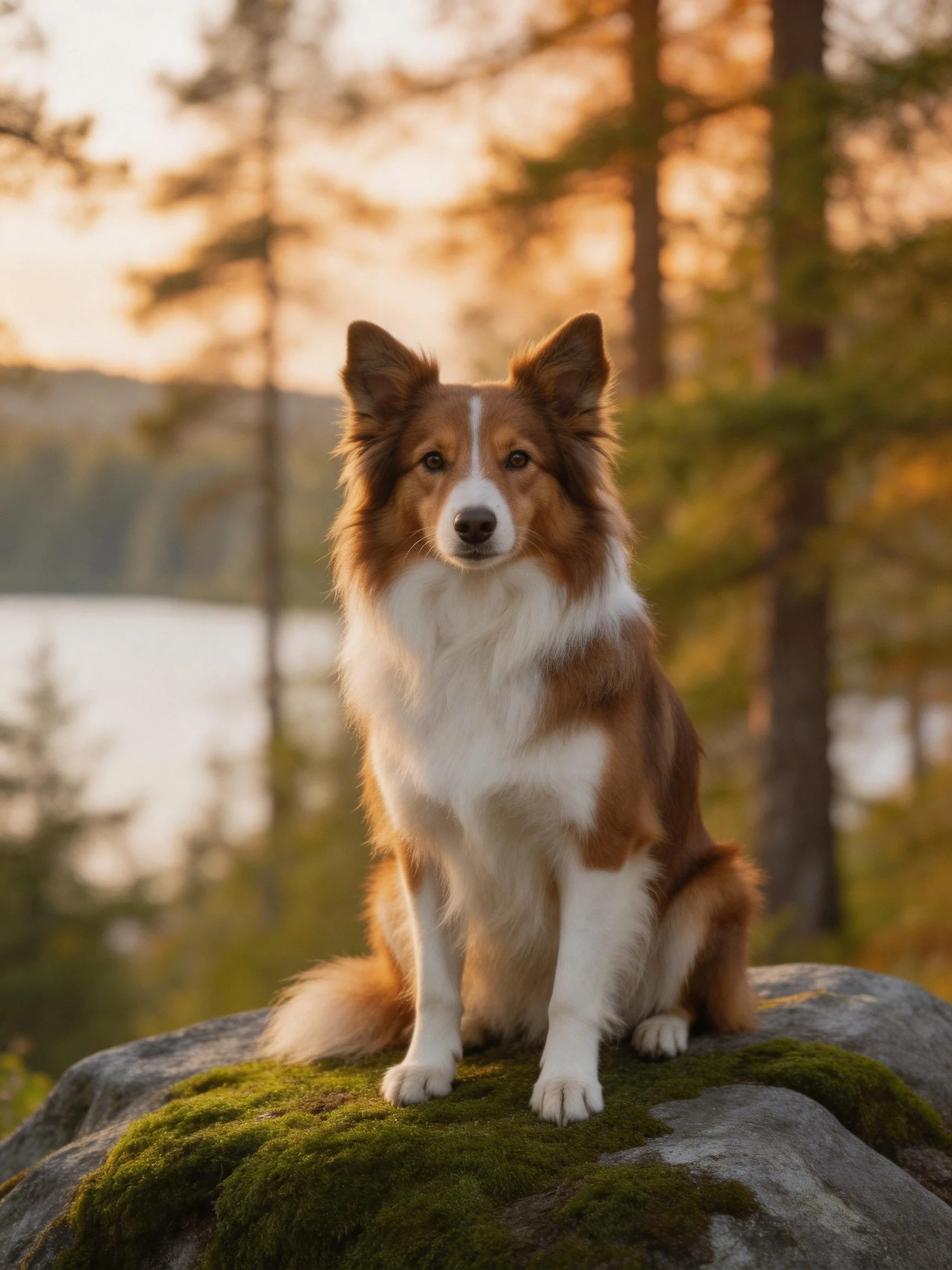 Brown and white dog sits on mossy rock in forested lakeside