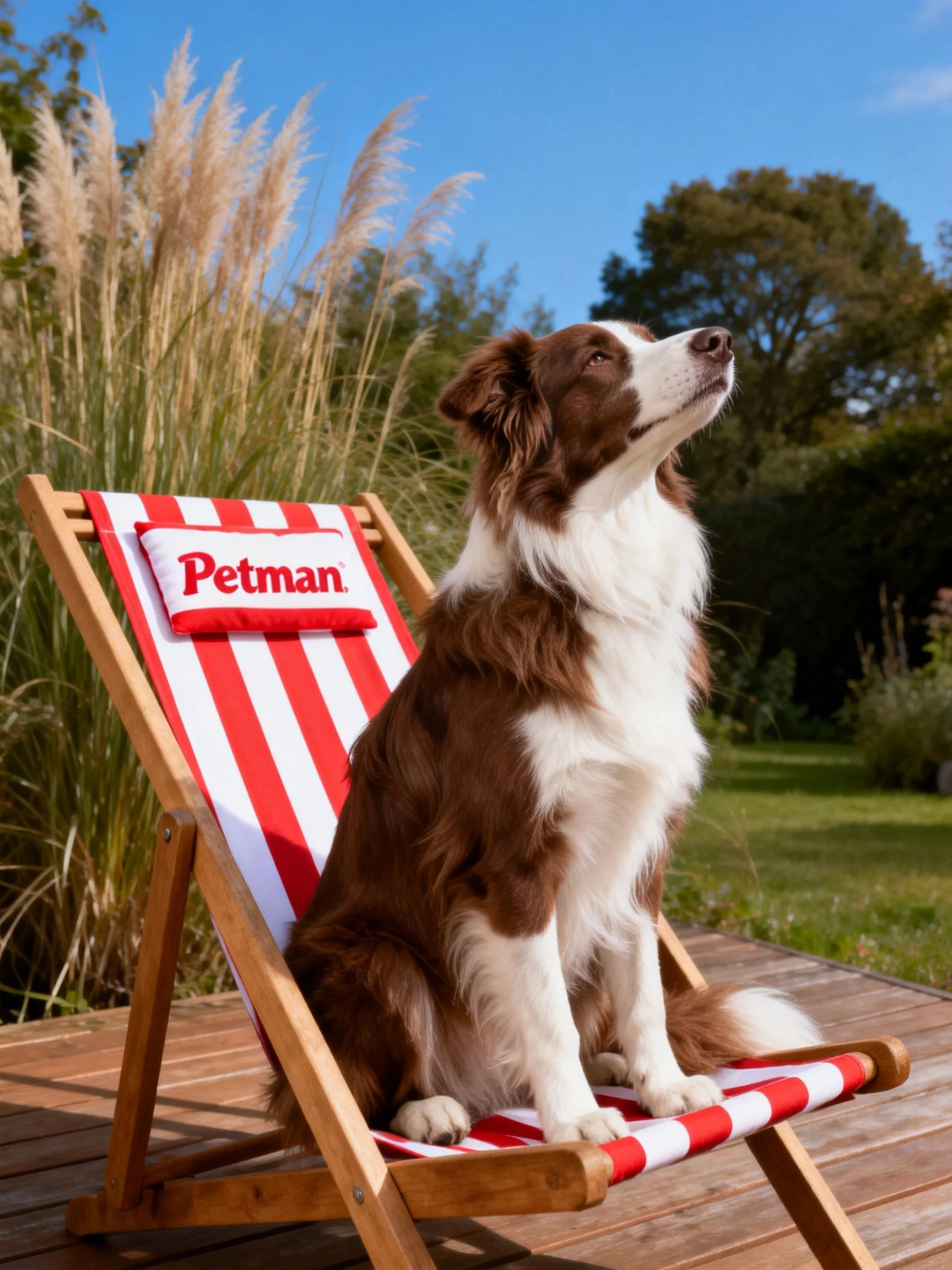 A brown and white dog sits on a red/white striped deck chair in a sunny garden.