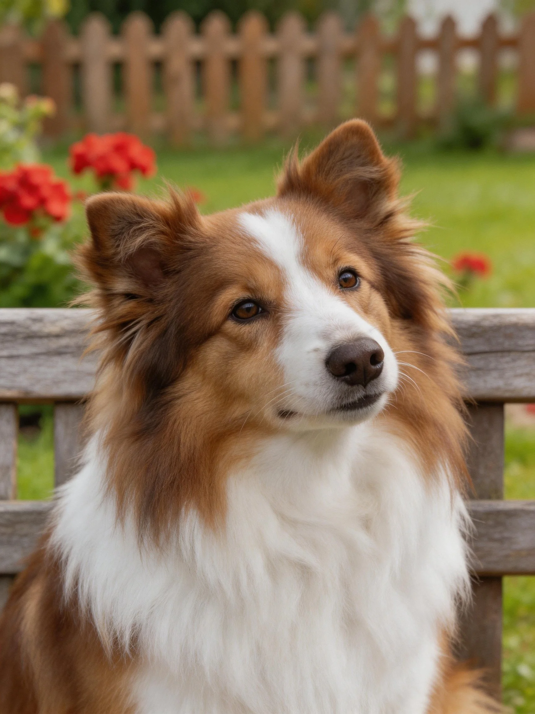 Brown and white dog sits on wooden bench near red flowers