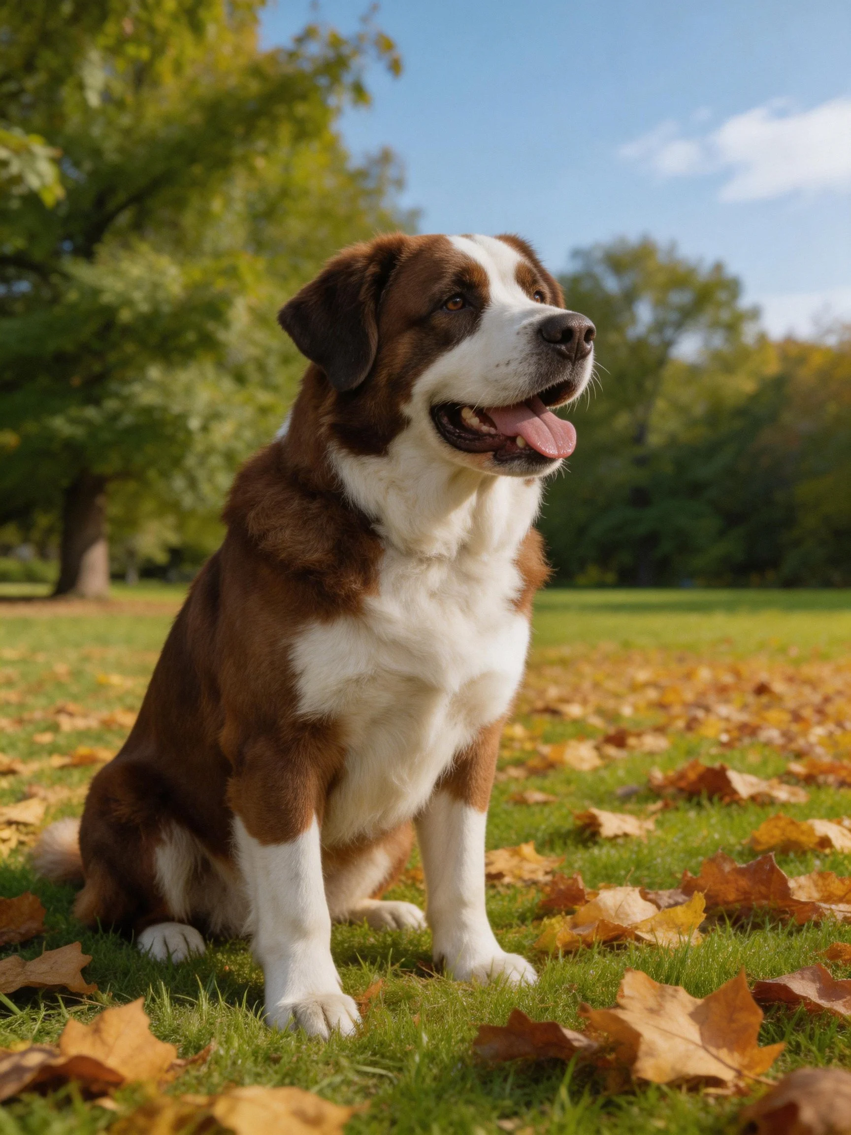 A brown and white dog sits among autumn leaves in a sunny park.