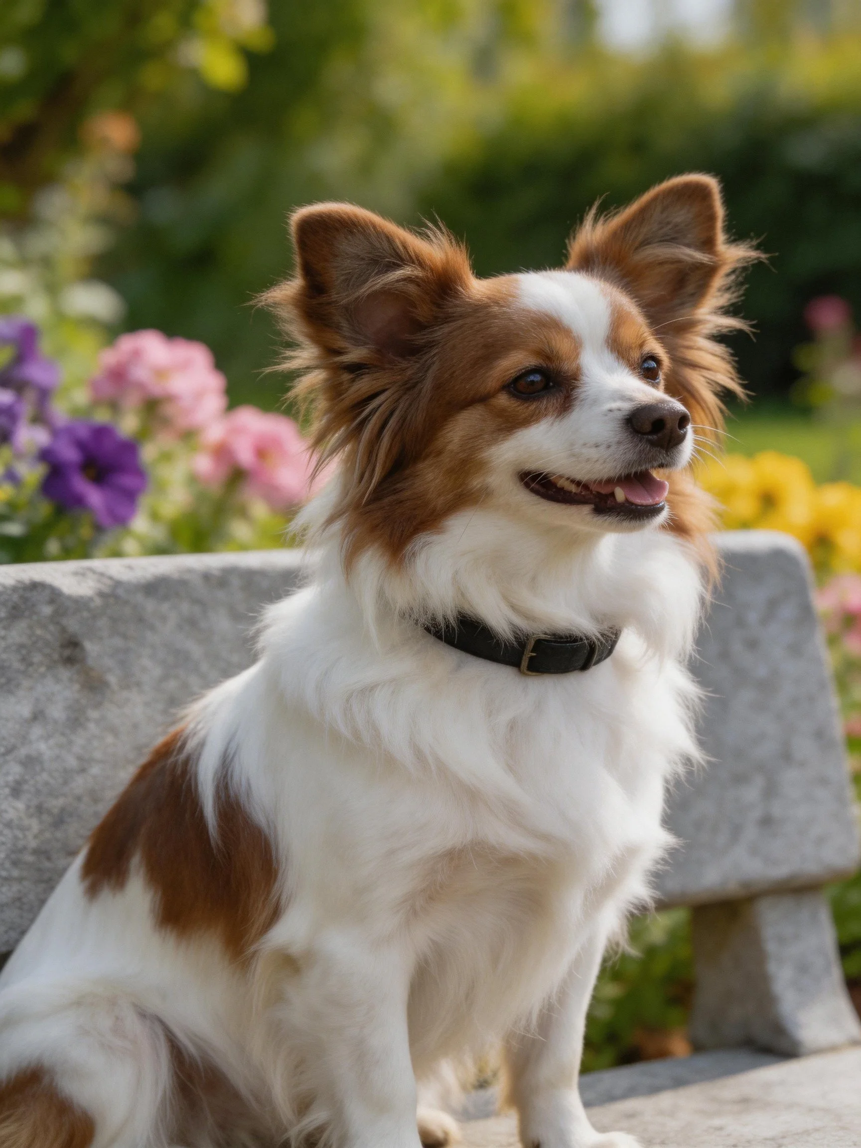 A brown and white dog sits calmly on a stone bench surrounded by colorful blooms.