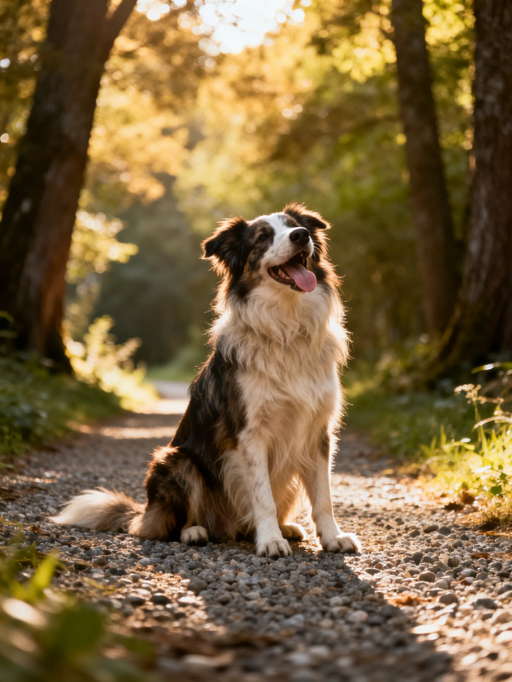 Brown and white dog sits on sunlit forest path.