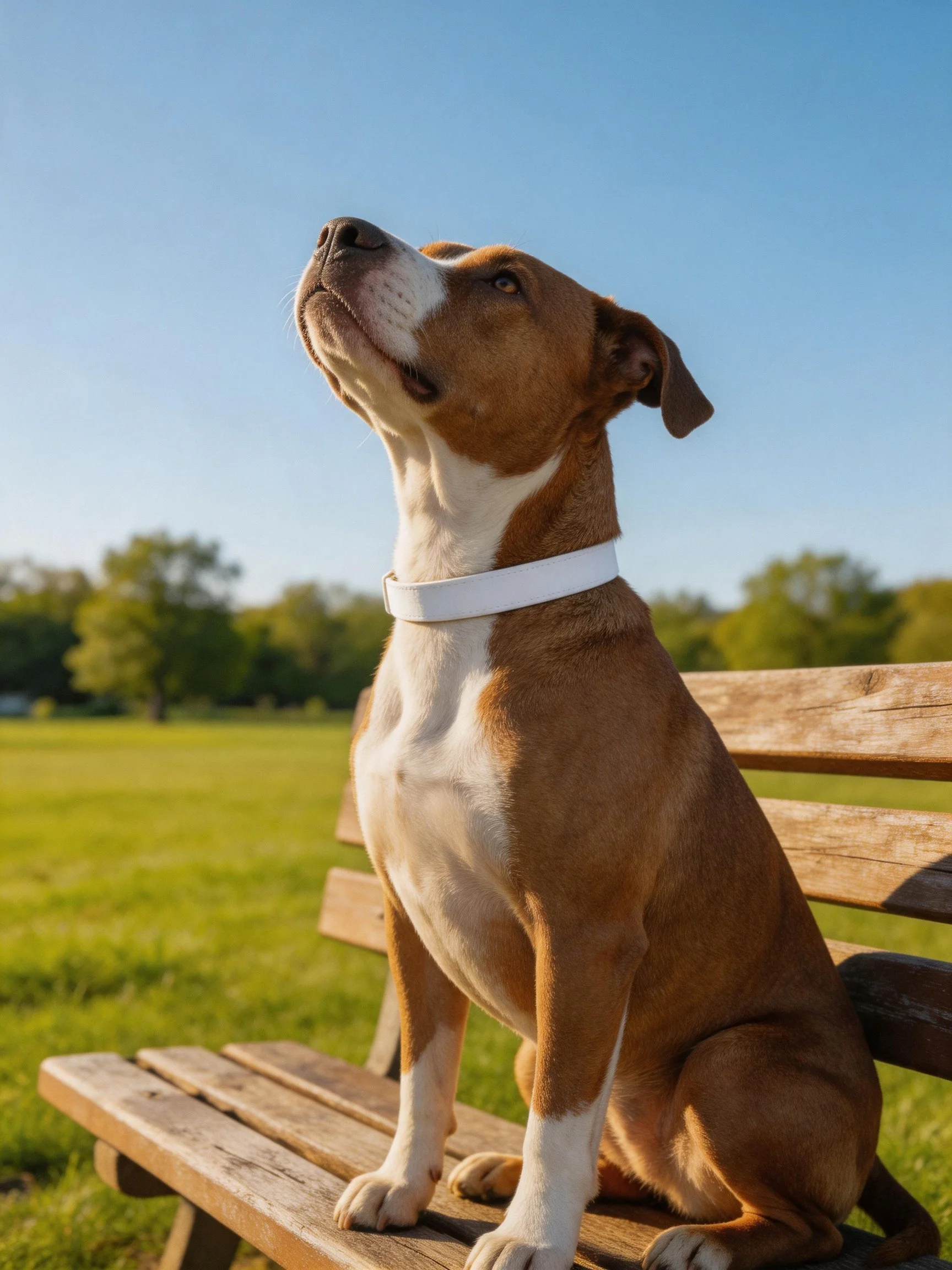A brown and white dog sits on a wooden bench in a sunny park setting.