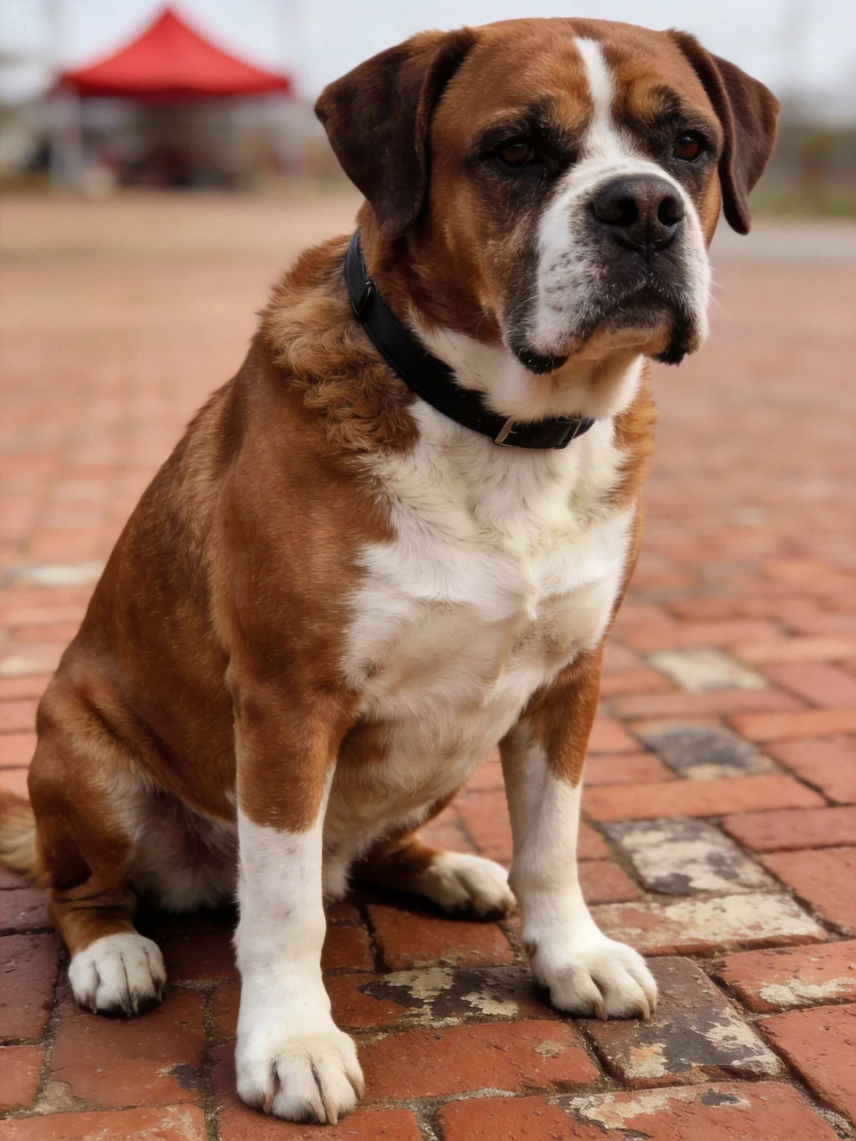 A brown and white dog sits on worn brick pavement.
