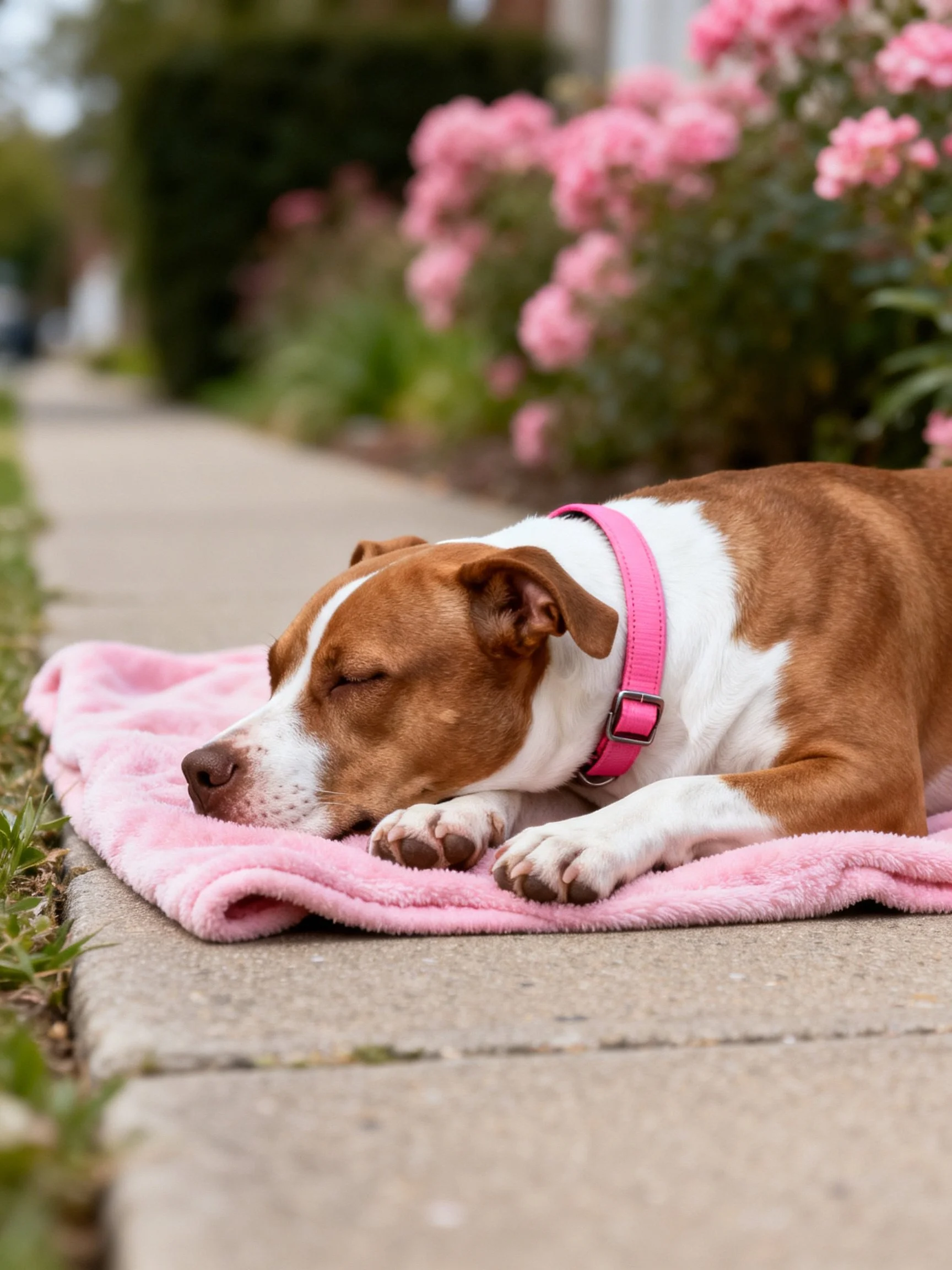 Brown and white dog sleeps on pink blanket near flowering bushes