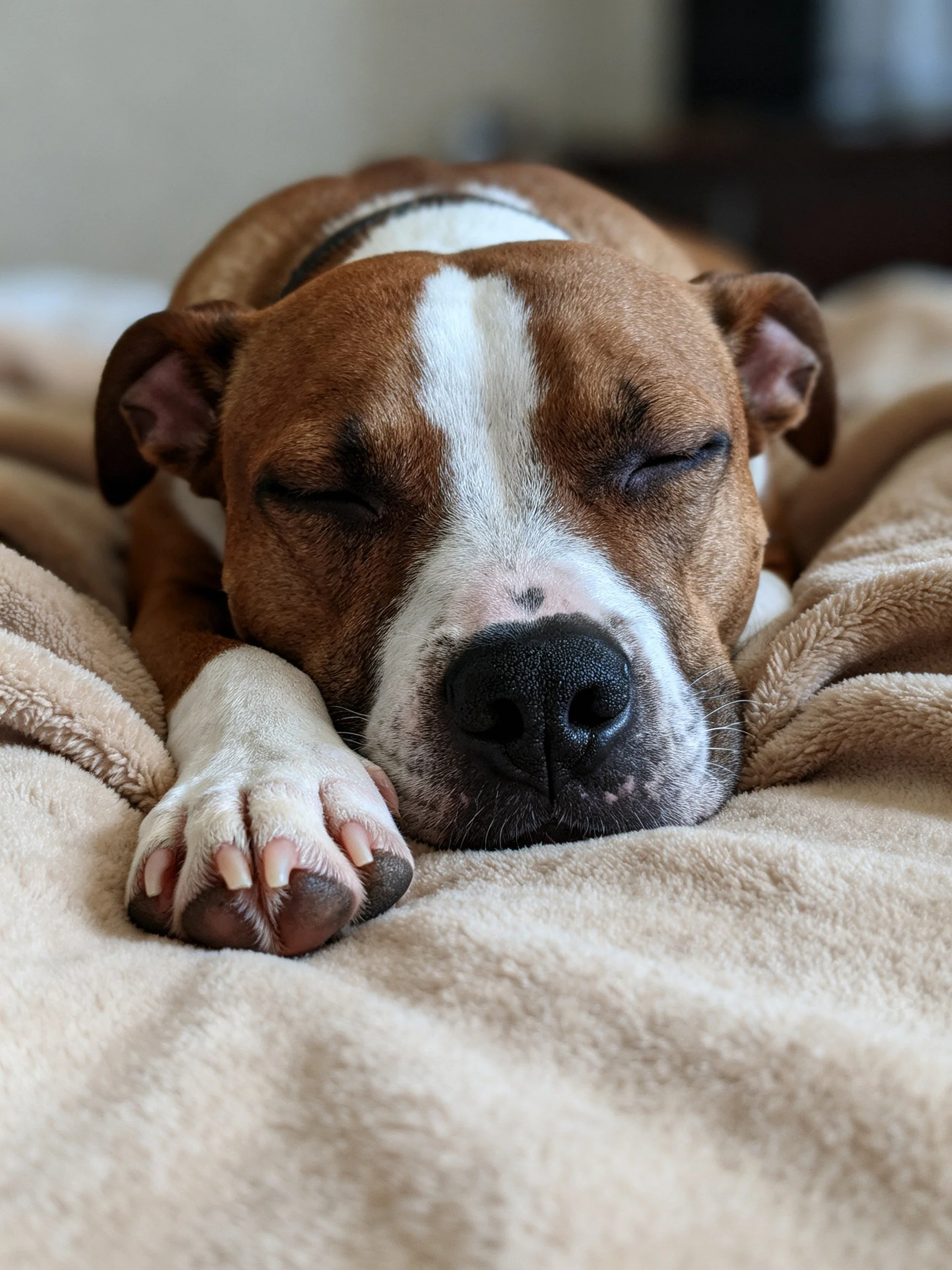 Brown and white dog sleeps on soft beige blanket