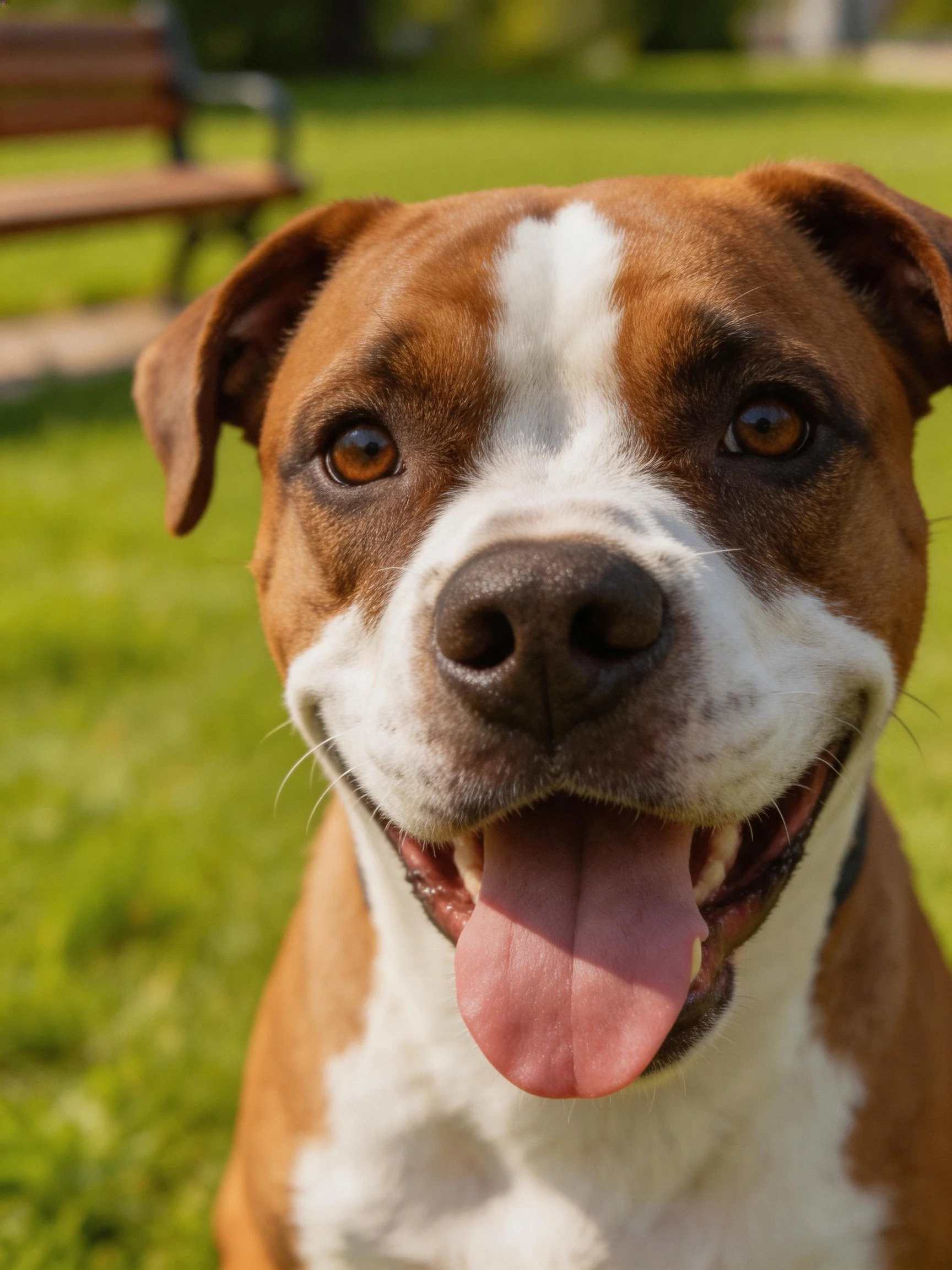 Brown and white dog smiling happily in a sunlit park
