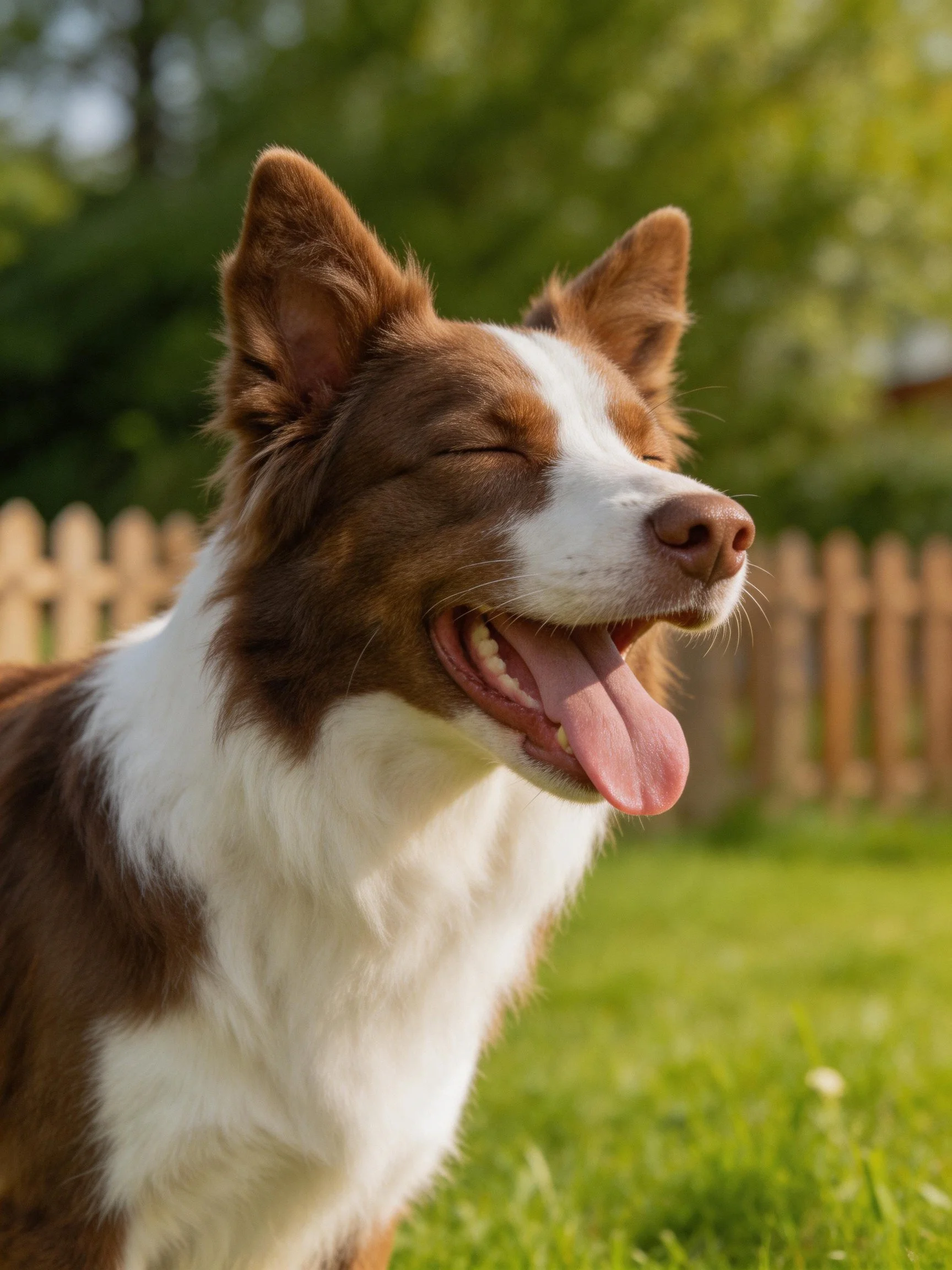 Brown and white dog smiling in sunny backyard with wooden fence