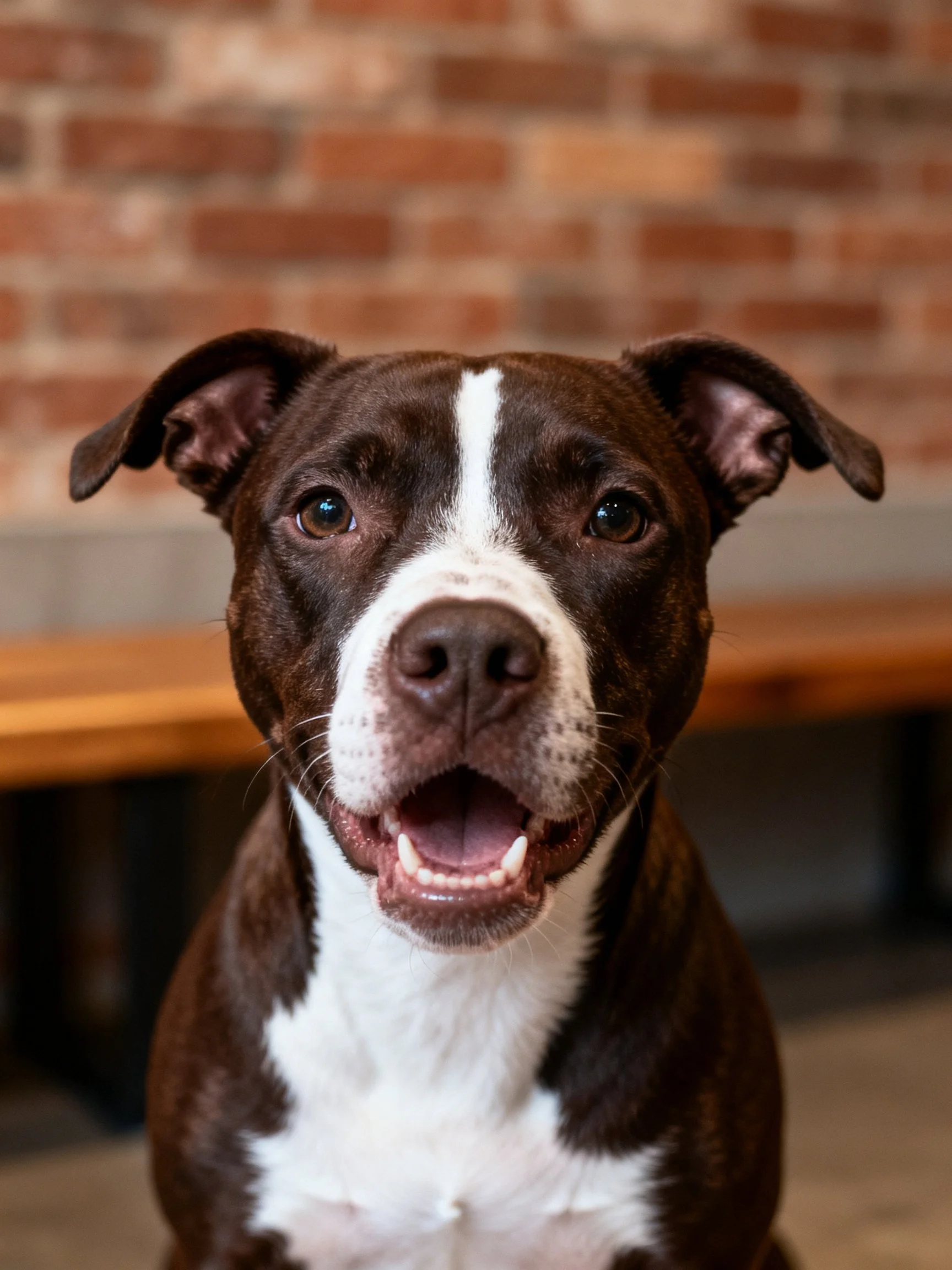 Brown and white dog smiling near a brick wall