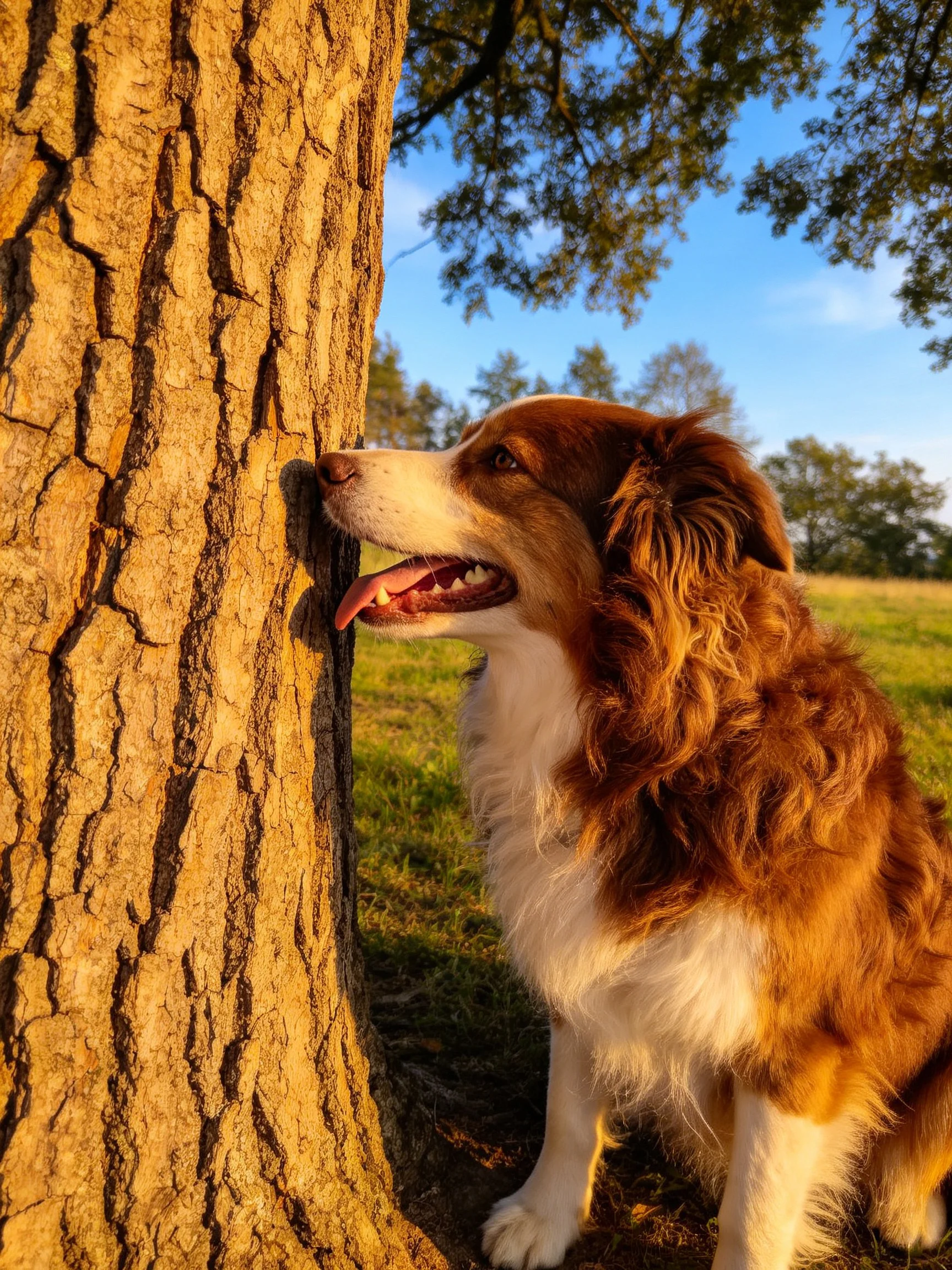 Brown and white dog sniffs a large cracked tree trunk in golden sunlight