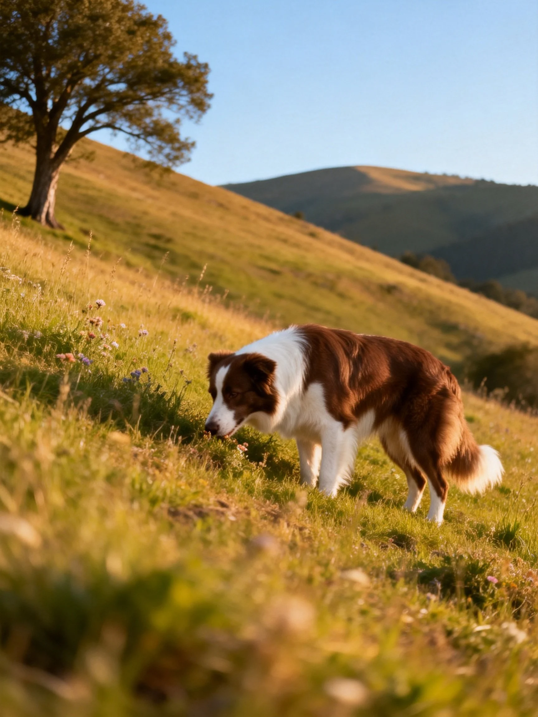 Brown and white dog sniffs wildflowers in sunlit hilly pasture