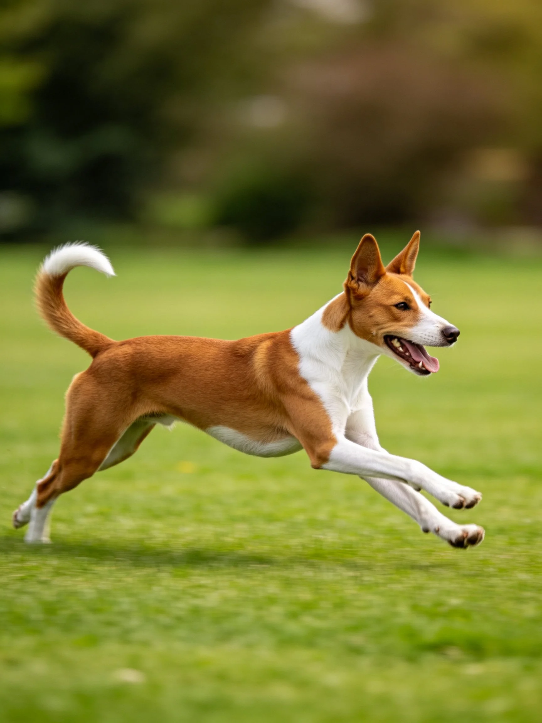 Brown and white dog sprinting across lush green lawn