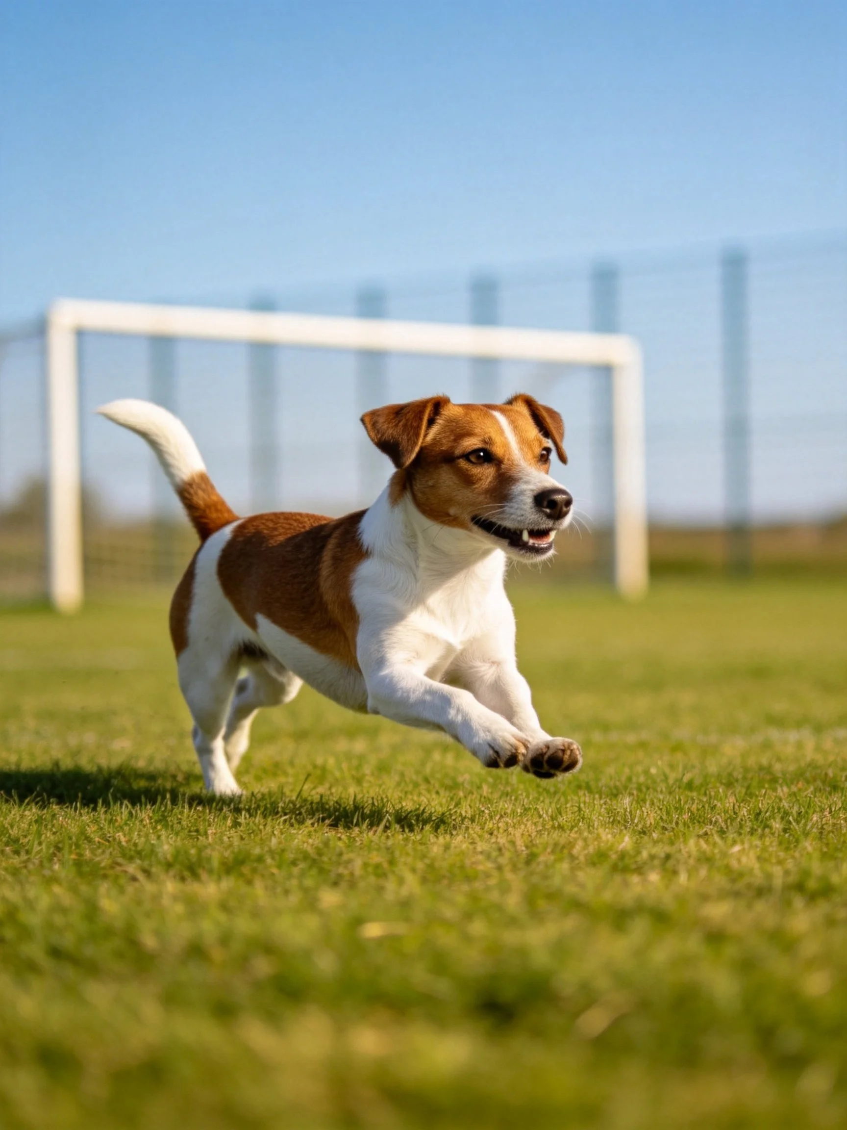 A brown and white dog runs energetically on a grassy field near a soccer goal.