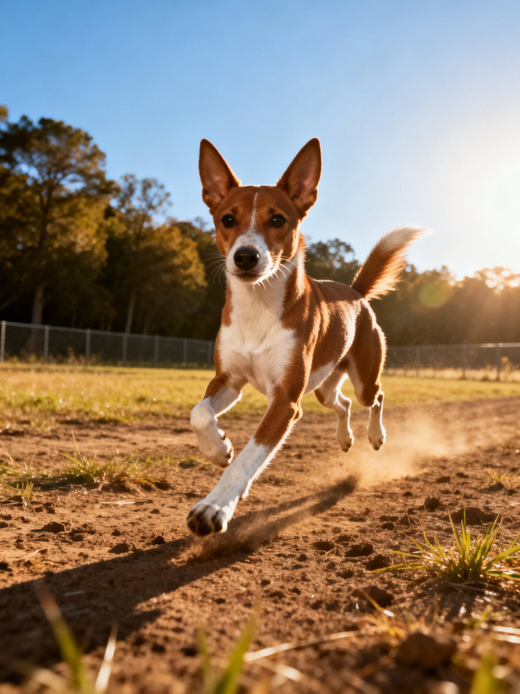 Brown and white dog sprints on sun-dusted terrain