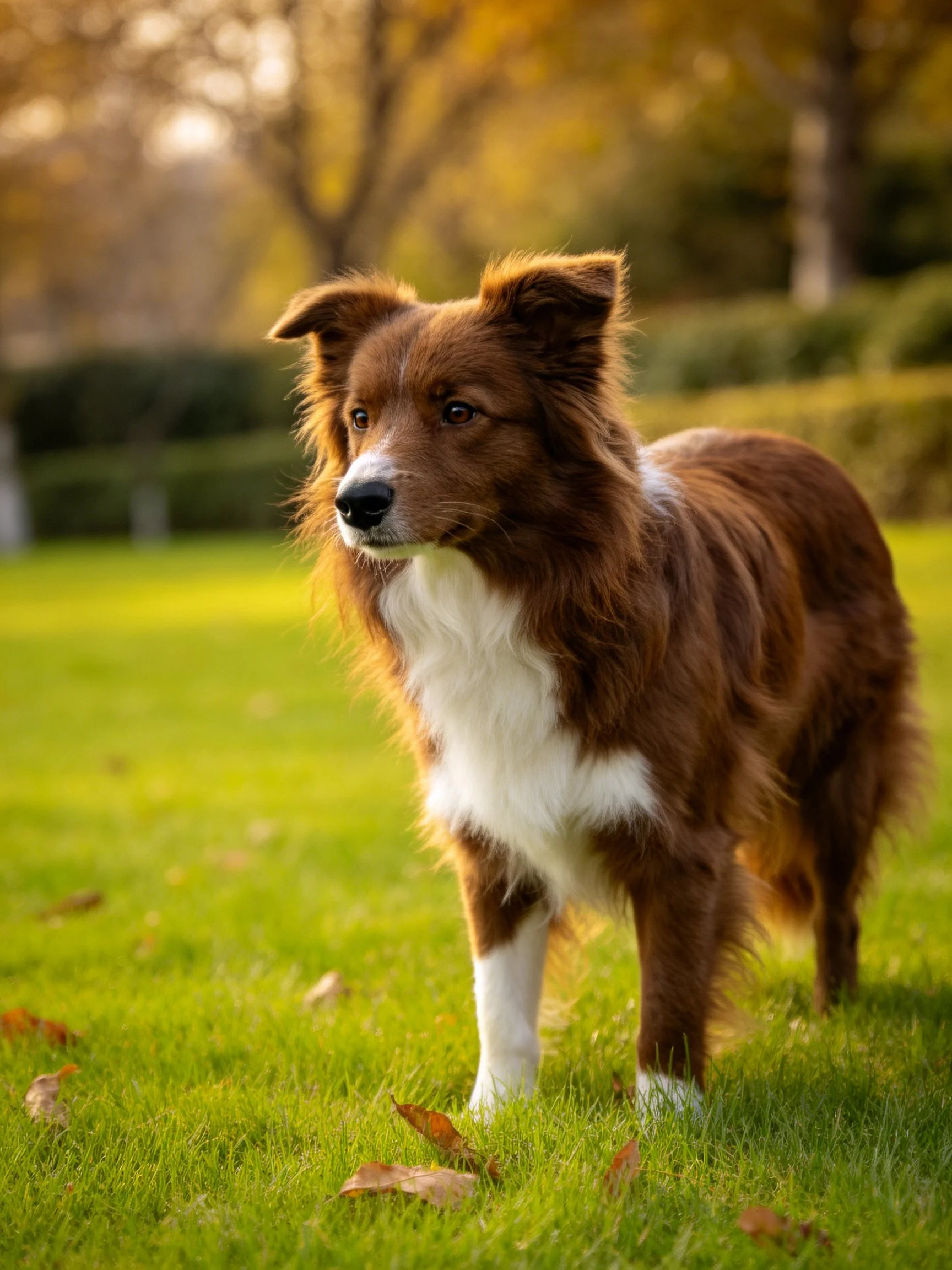 Brown and white dog stands on green grass in autumn park
