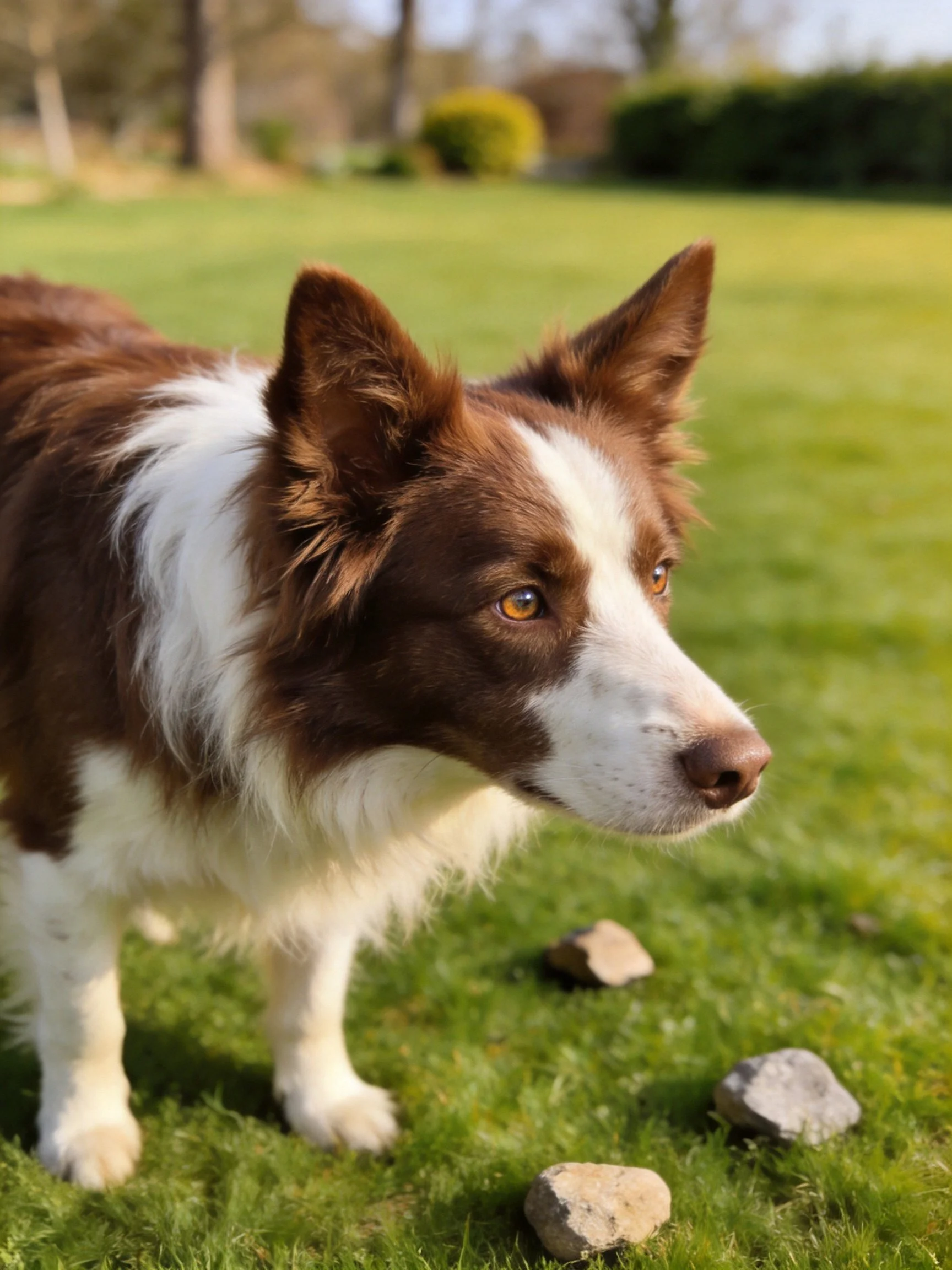 Brown and white dog stands alert on green grass near small rocks