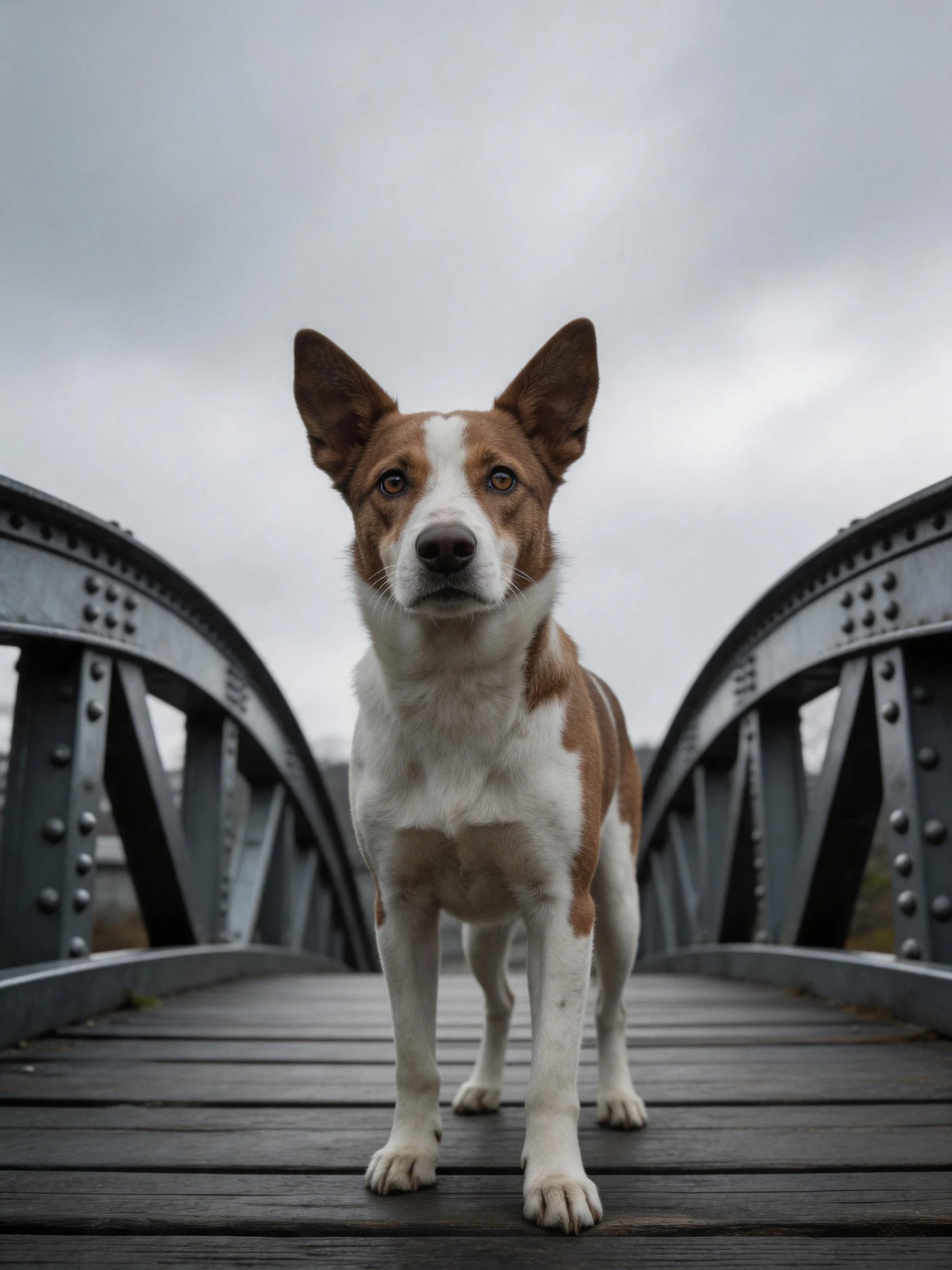 A brown and white dog stands on a metal bridge with wooden planks