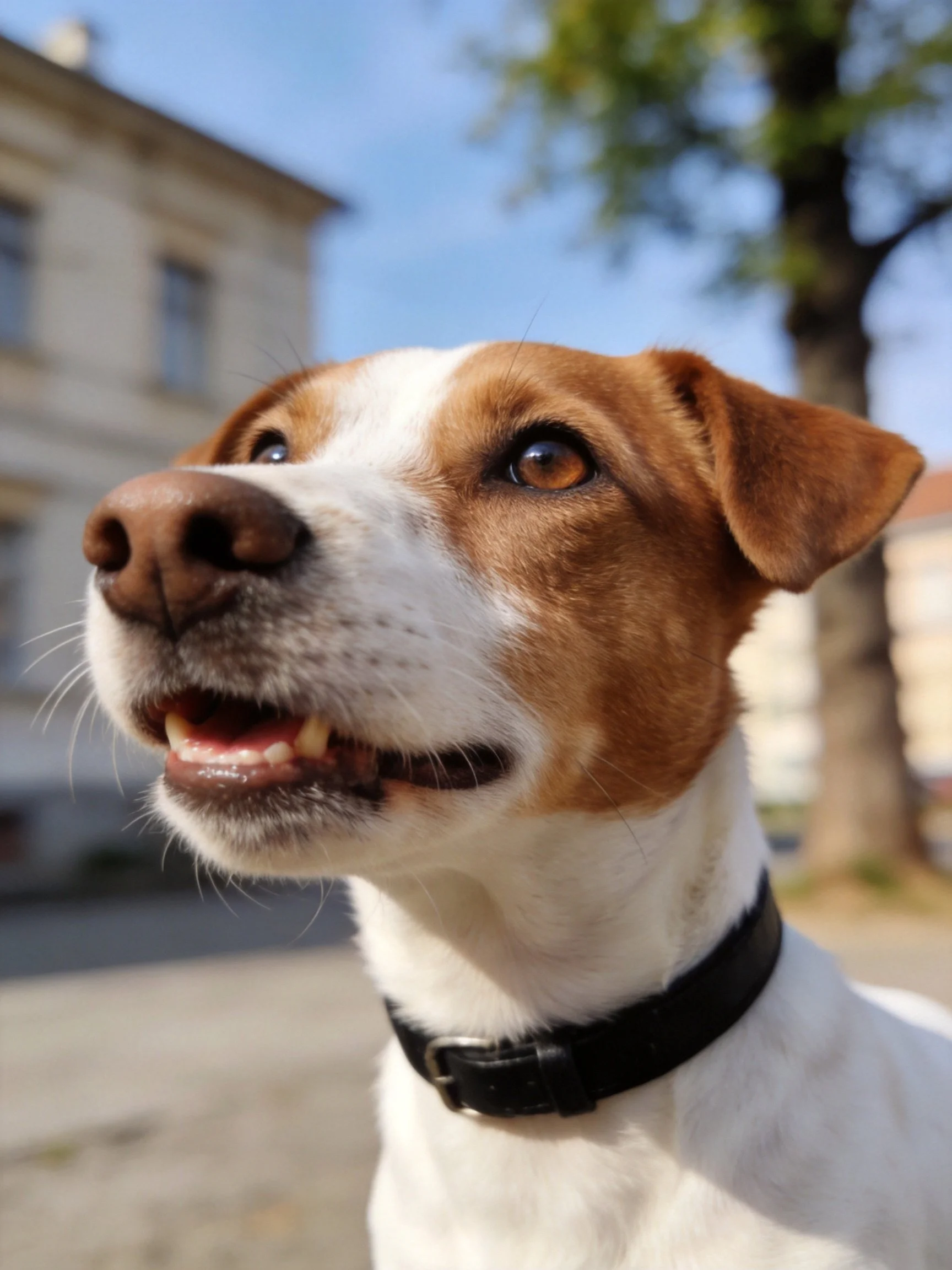 A brown and white dog with a black collar stands outdoors near buildings and a tree.