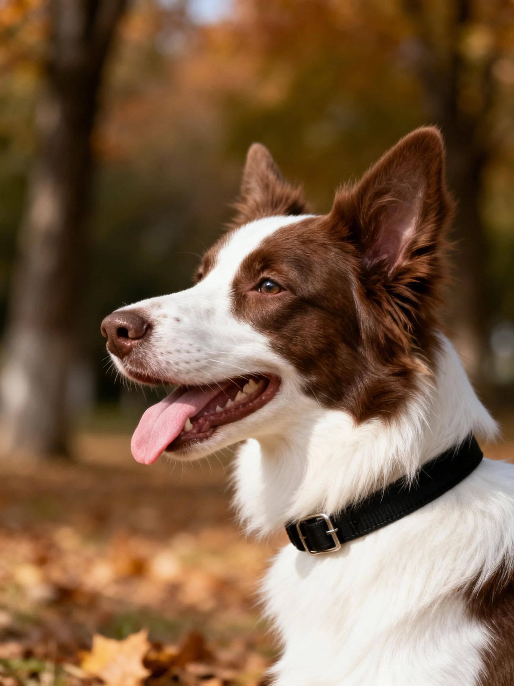 A brown and white dog with a black collar is in an autumn landscape.