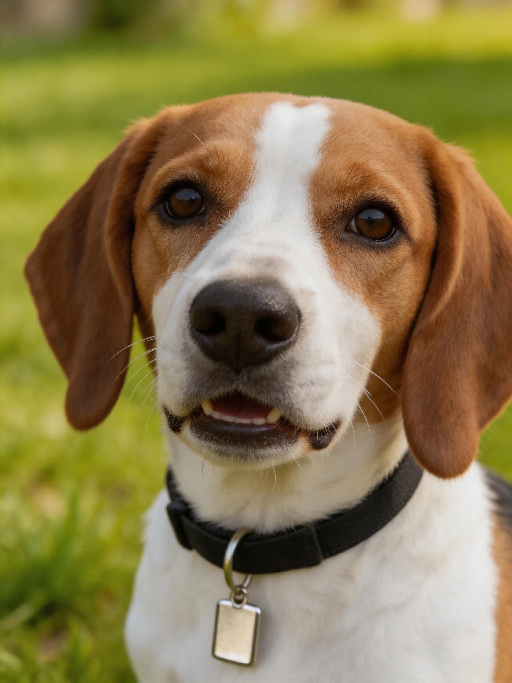 A brown and white dog with a black collar is situated in a grassy outdoor area.