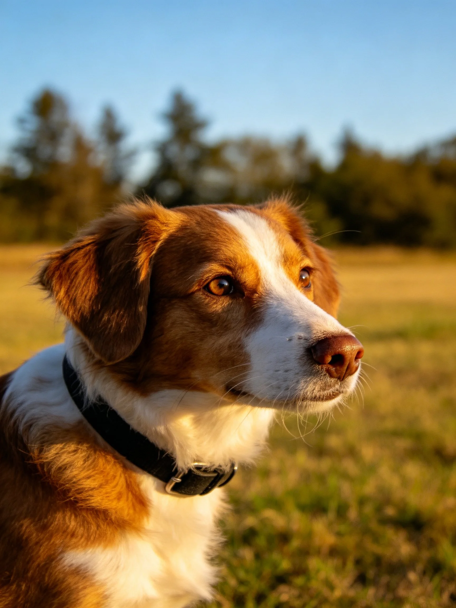 A brown and white dog with a black collar is outdoors in bright sunlight.
