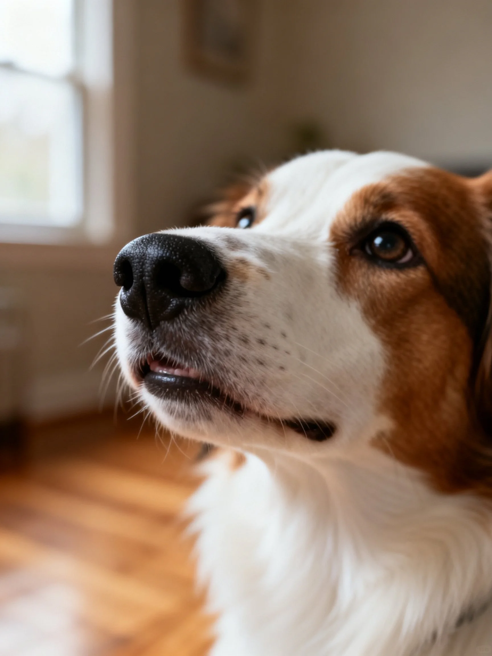 A brown and white dog looks upward in a sunlit indoor area.