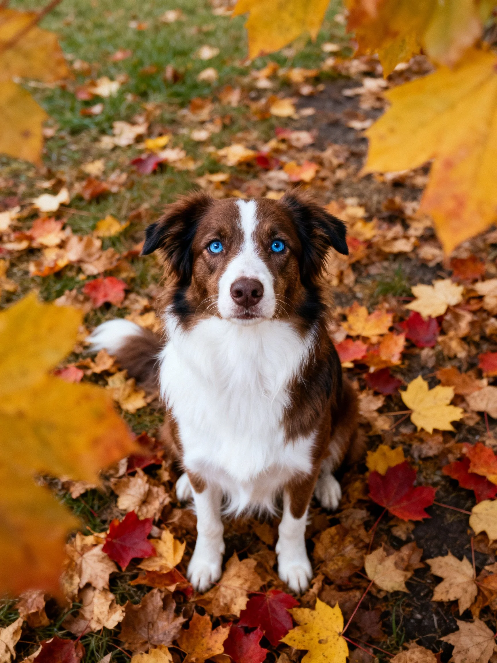 A brown and white dog with blue eyes sits among colorful fallen autumn leaves.